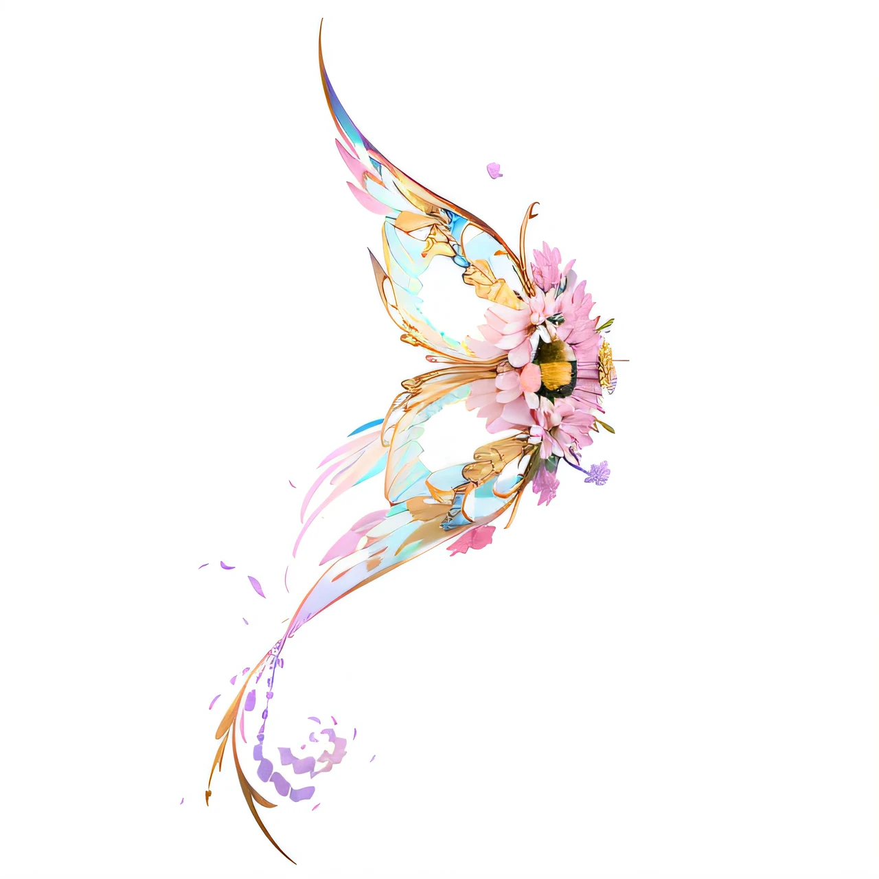 杰作,best possible quality,Ultra detailded,highly resolution,intensely detailed,8K UHD,three-dimensional,glistening shiny,Dreamlike,Daisies,There is a butterfly on it, ethereal wings,headware,Metal edges,Gorgeous headdress , transparent wings, gossamer wings, wings made out of flowers,Translucent wings,Blue-pink tones,chrysanthemum,small daisies,The wings are powdery blue with purple,Orange-pink chrysanthemum,Dreamy feeling,three-dimensional,(Don't be characterized)