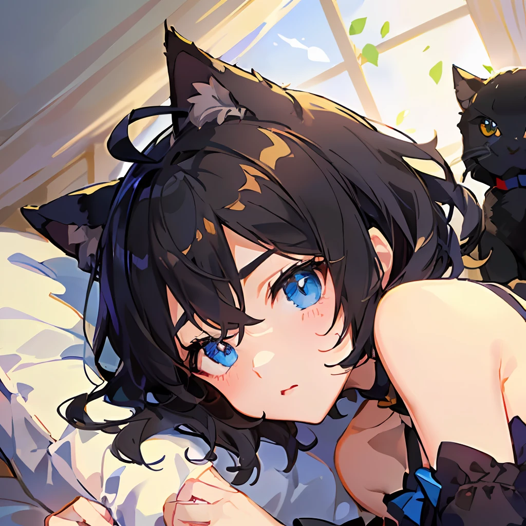 ((highly best quality))、((巨作))、((ultra-definition))、(illutst)、(Fine light)、(Extremely delicate and beautiful)、(((独奏)))、(((a beautifulchi girl) )))、((Best Quality, Clearly,(Black hair), (Black cat ears), (Ahoge), (absurdly short hair), (Wavy Hair), (Blue eyes),medium tits、Shy face、