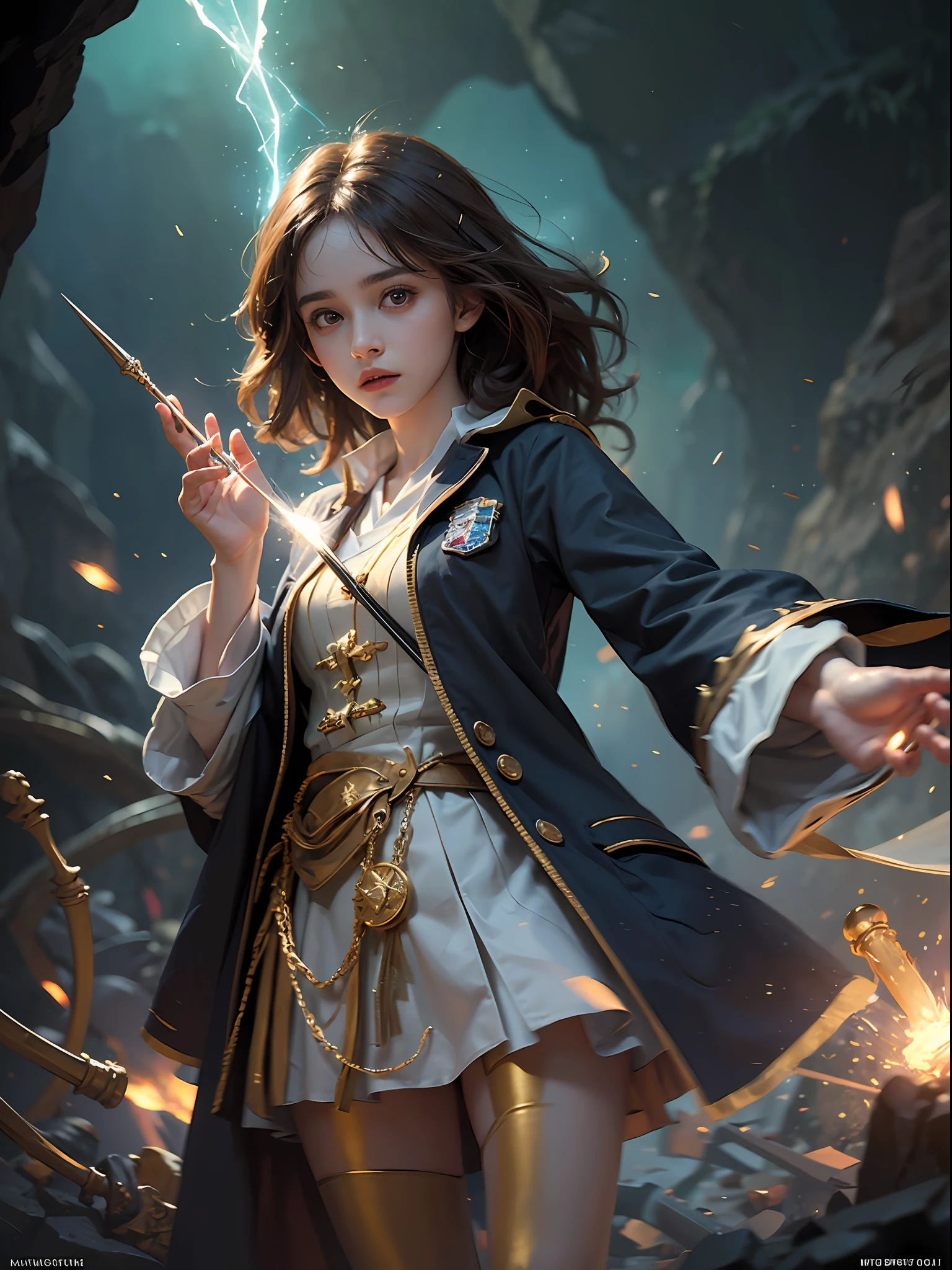 1girl, solo focus, , Hermione Granger,realistic, in long hogwarts robes, casting a spell, waving her wand with golden particle effects, lumos maxima against a skeleton soldier in a dark cave, cinematic lighting, trending on ArtStation, by Irakli Nadar, Greg Rutkowski,(((best quality))),(((ultra detailed))),(((masterpiece)))