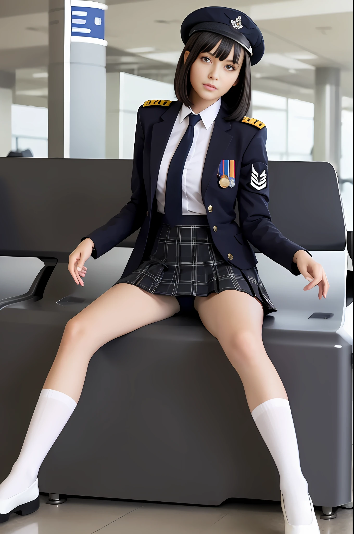 (Top resolution、Distinct_image)、One lady、beste Quality、巨作、extremely detail、Semi-realistic、20 year old beautiful woman、Woman with short black hair、beautifull face、beautifull eyes、Triple bangs、Black School Uniform、Black pleated skirt、military outfit、hatting、air base、Stationed at the airport、Fighters、air force、bomber、、Very stretchy panties、sitting slit,Open legs with the soles of the feet together、(Skirt or rolled panties are visible)、Detailed crotch、