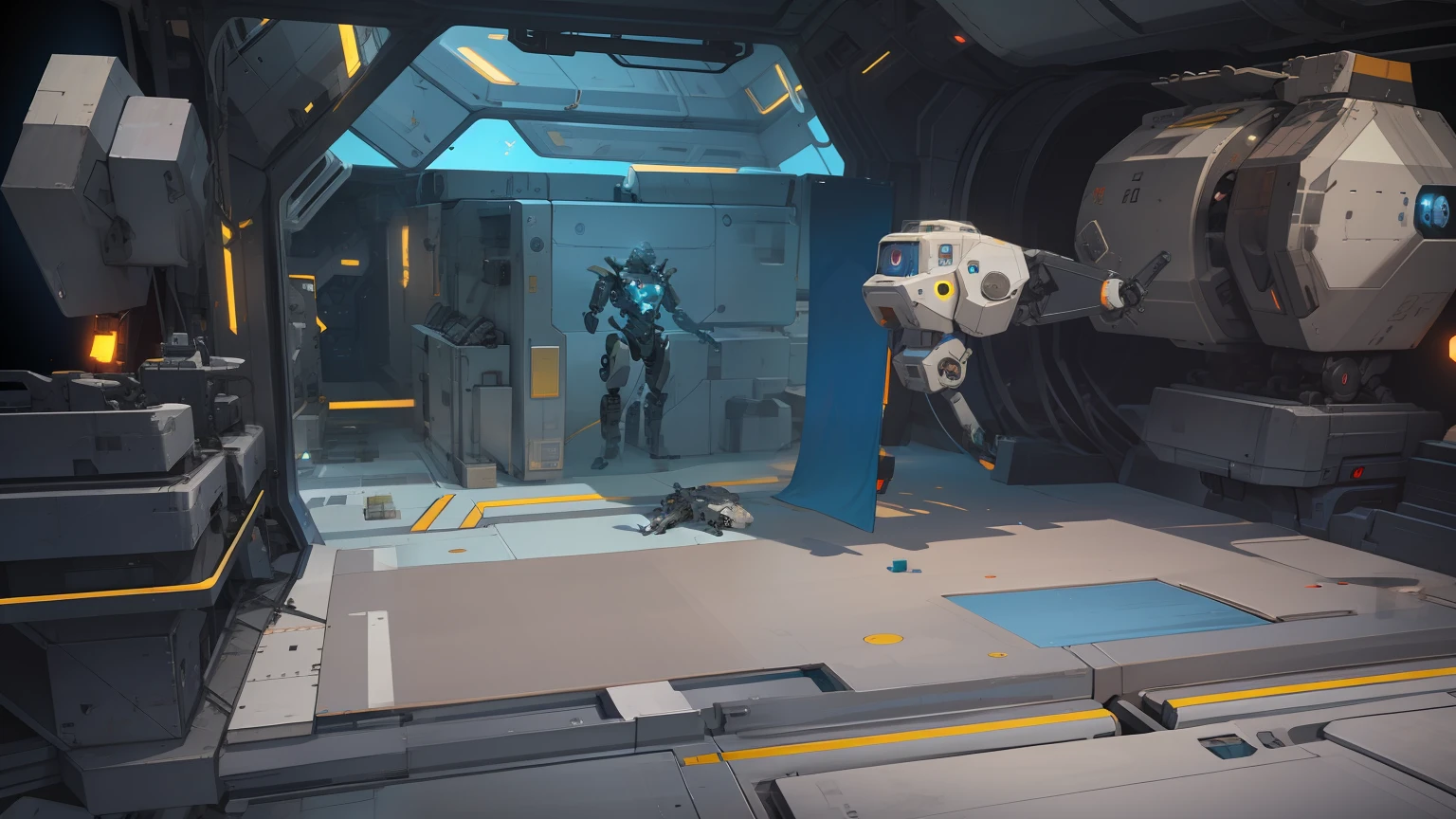 There is a mechanical warehouse, background discarded tank parts, arte de fundo, background space station, Background Hyperdetail, arte de fundo, background Spaceship, Unreal Engine Digital Painting, science fiction Detail, backgrounds (physical), robots lurking in the background, research outposts