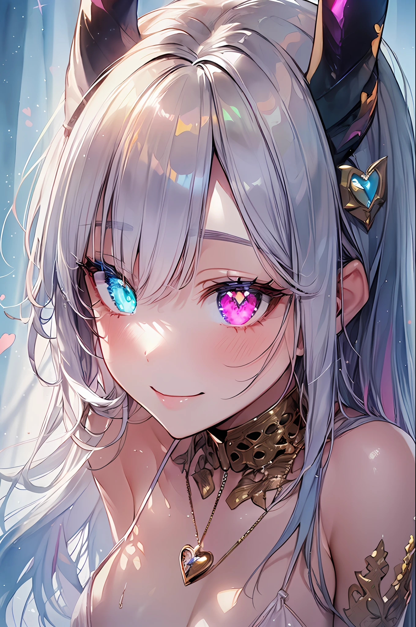 ((Masterpiece, Top quality, Watercolor art (Pendants), Beautiful and aesthetic: 1.2)), (Golden ratio: 1.2), (Full Body: 1.2), (Super Detail: 1.3), (1 girl: 1.3), (Fractal Art: 1.3), Full Body, (Glitter Pupil)), patterns, (Iridescent hair, Colorful hair, Half light blue and half pink hair: 1.2)), Colorful, writing, (Heterochromia), (Colorful: 1.5), (((Shy face)), ((Micro Bikini)), (s whole body), (hyper detailed), ((delicate detail)), (ntricate detail), ((Cinematic light, Highest quality backlight)), High Contrast, ((best illuminate, Very delicate and beautiful)), (( Cinematic light)), (Ray-traced reflections, Glow), (((glowing aura)), ((Glowing hair)), ((Super Detail)), (8K)), ((close up front)), ((Brown skin)), (Showering), ((Seductive smile)) ,((high angle full body shot)),(NSFW:1.5),completely,((Demon Girl, devil horns, demon tail, Devil's Wings, Pubic bone_tttattoo, Heart-shaped pupil))
