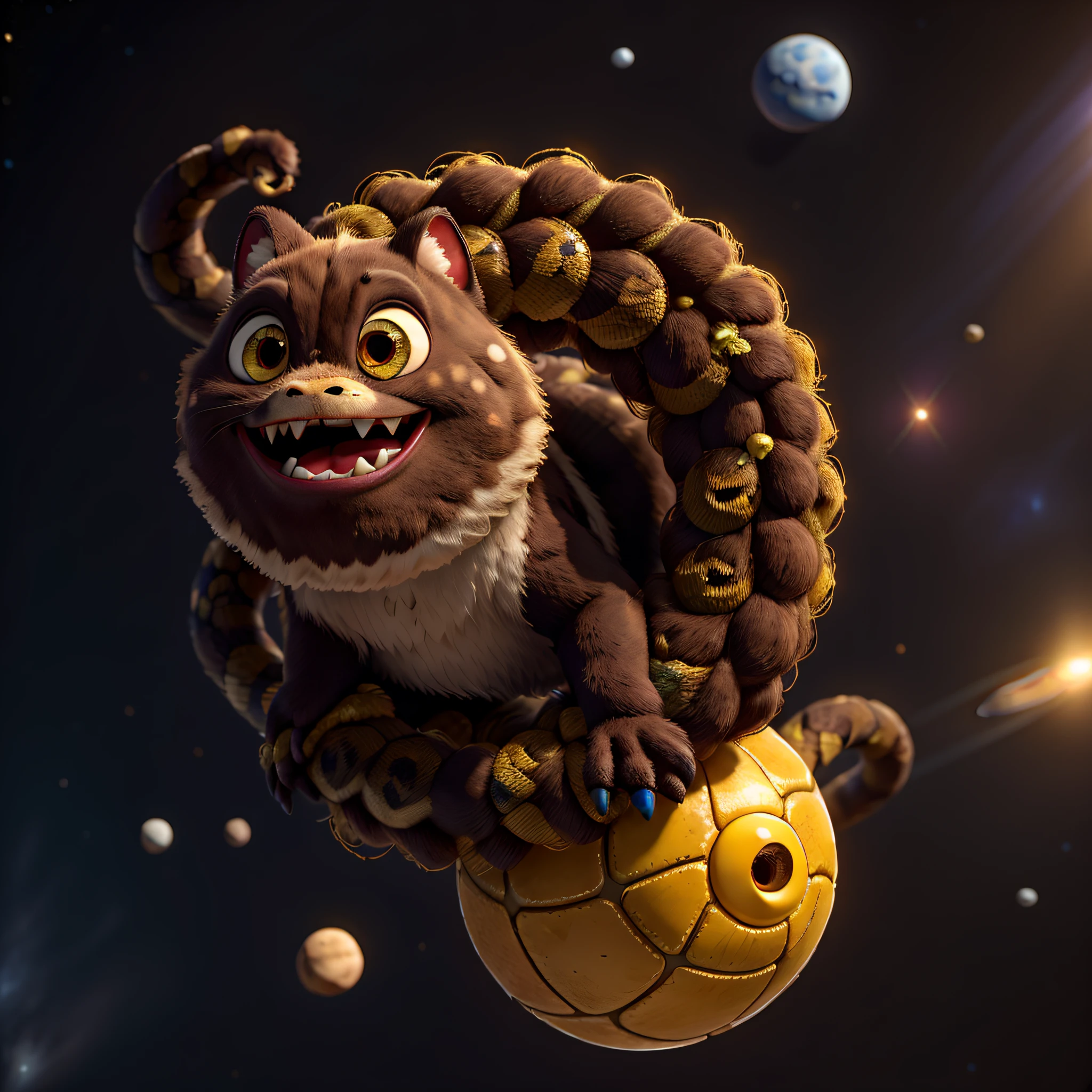 Fluffy cute ball that is a snake, dark brown fluff, black scales, slitted yellow eyes, venomous fangs, starshine , masterpiece, best quality, ((In space style))