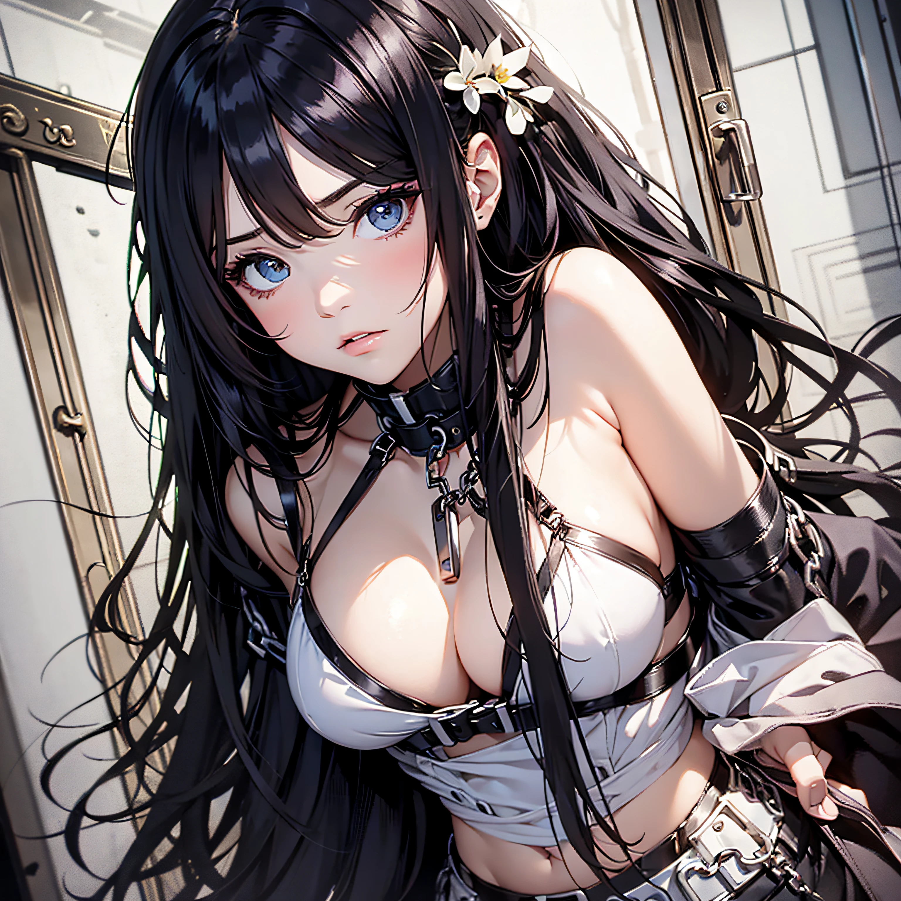 Illustrator Beautiful Girl Drawn by Tensen March、Beautiful girl with long black hair、(handcuff)、(Restraints)、(Hand flail)、erotic、disrobed、undress、Fixtures、Troubled look