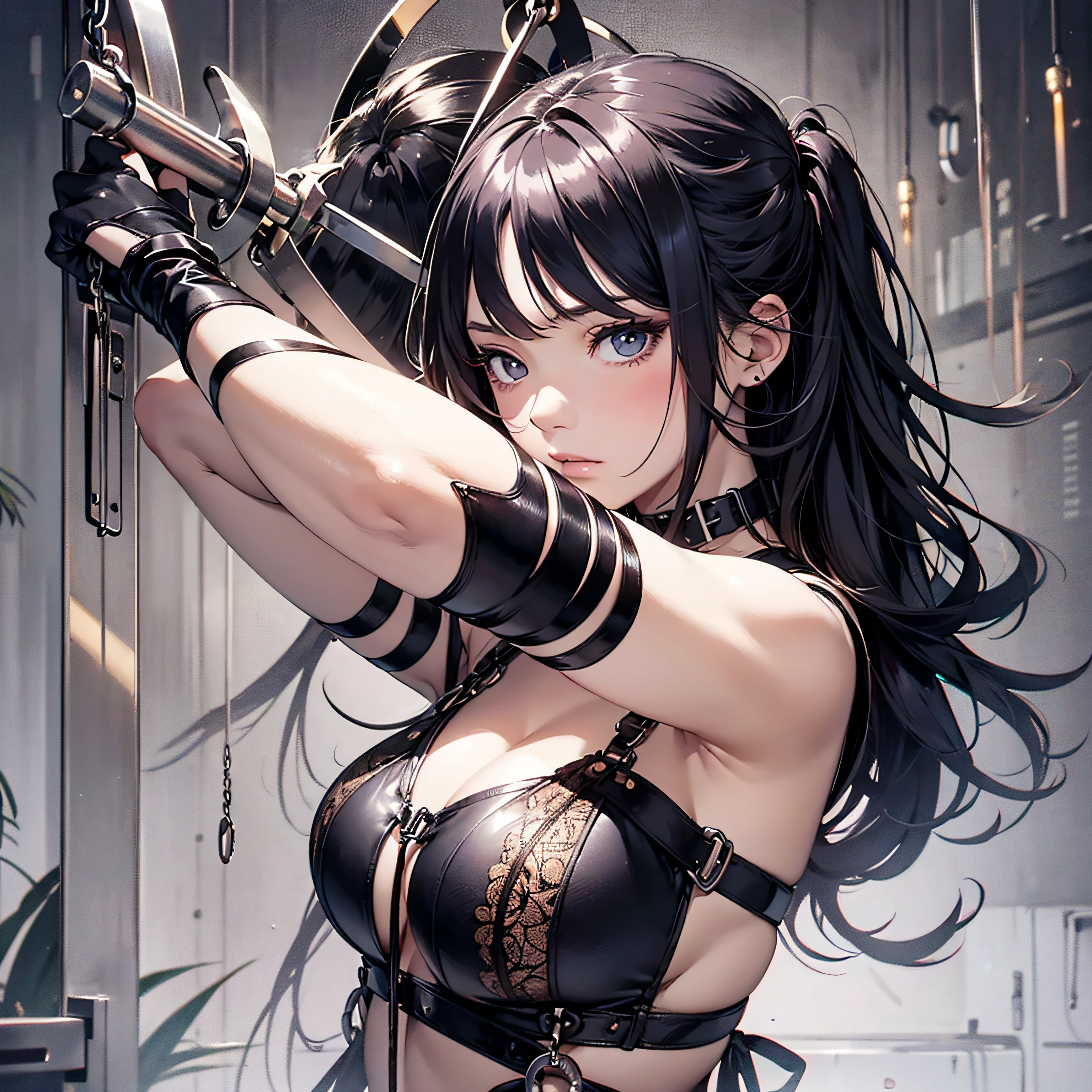 Illustrator Beautiful Girl Drawn by Tensen March、Beautiful girl with long black hair、(handcuff)、(Restraints)、(Hand flail)、erotic、disrobed、undress、Fixtures、Troubled look