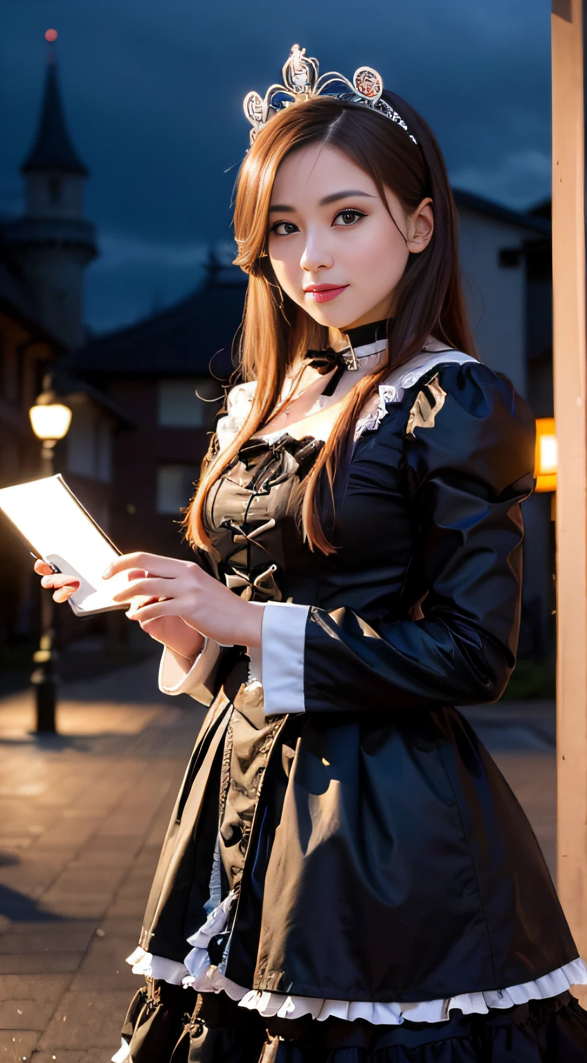 (Best Quality, Masterpiece: 1.2), (Realistic, Photorealistic: 1.37), 8K, RAW Photography, Professional Lighting, Photon Display, Wireless Accuracy, Physical Rendering, 1 Japan Girl, Solo, Cute, Brown Hair, High School, (Gothic ta Fashion: 1.5), Big, Castle, Night, Smile, Headdress