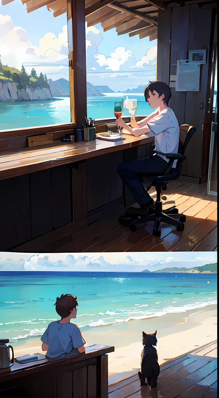Sunny days、With one little cat、On a very high hill with a view of the sea、While sitting in a rocking chair、Dressed in a white T-shirt and pants、A man brewing coffee while looking at the sea。