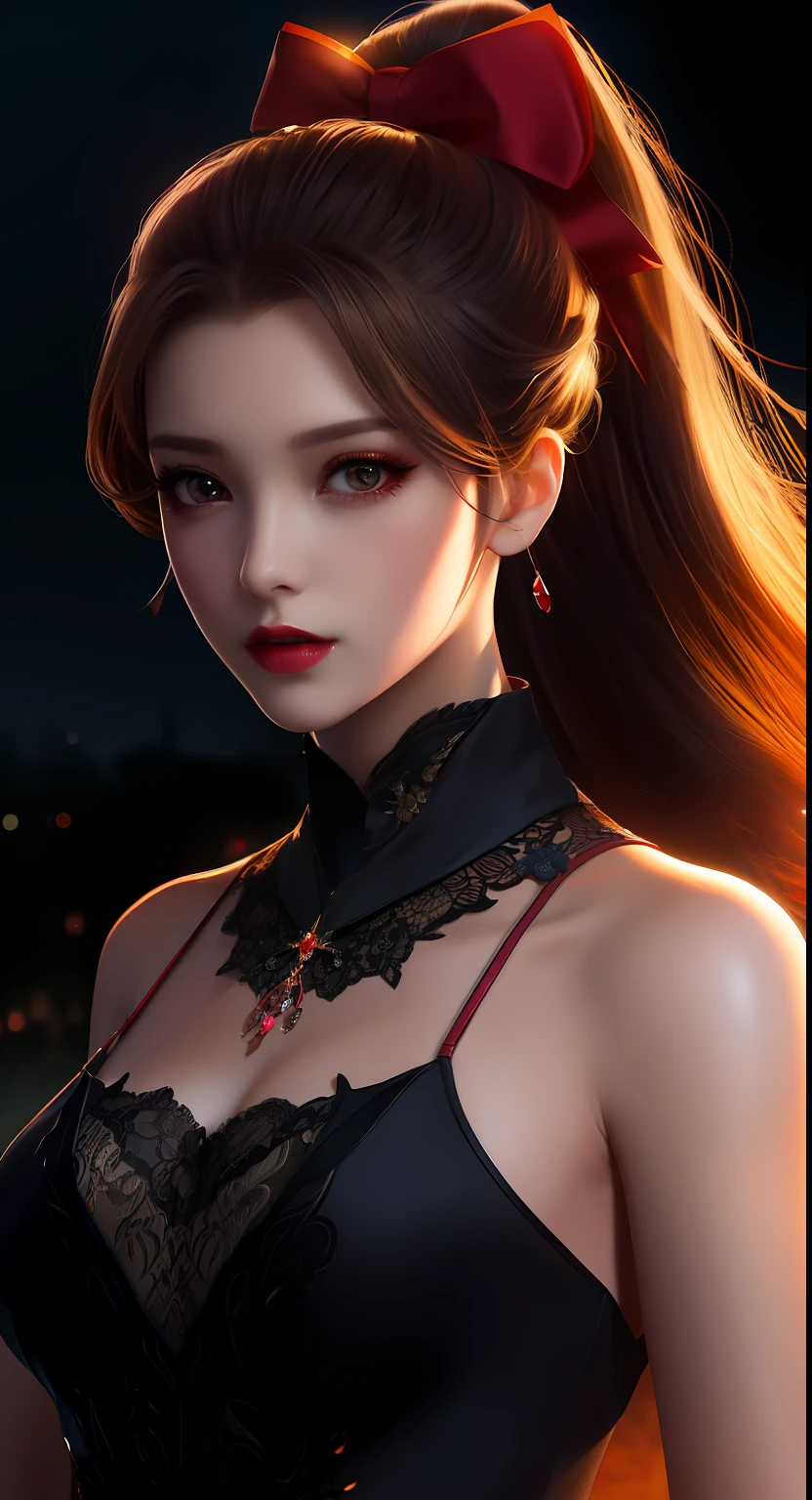 best quality, masterpiece, highres, 1girl, hanfu, white and even teeth, red irises, chinese underwear, hair ornaments, necklace, jewelry, crown jewelry. Pretty face, upper body, magic import style, tyndall effect, photo realistic, dark studio, border light, two tone light, (high detail skin: 1.2), 8k uhd, dslr , soft light, high quality, volumetric light, candid, Photo , high resolution, 4k, 8k, Bokeh, (light pink lips), 1 beautiful demon from hell, In the Dark: 1.6), surreal portraits of women by David Hockney and Alphonse Mucha, fantasy art, photorealism, dynamic lighting, station art, posters, volumetric lighting, highly detailed faces , super 8k, Awarded, in the dark, deep shadow, low light, cowboy lens, (Red phoenix shirt: 1.4), long hair, black hair, bust, luxury palace, Royal style family, devil's crown, red eyes with very sharp and detailed makeup, Best face, Very round and tight breasts, Surreal, chinese women's clothing, turtleneck polo lace top, charming smile, Beautiful eye makeup, guweiz, devil style, black lace stockings, ponytail with a bow at the back, dark red lips, Devil tattoo on shoulder, wearing a nightgown thin lace deep slit chest red black, lace cape, overcast and thunderous landscape, (Portrait), Close-up of main character, (Background detail 1.8),