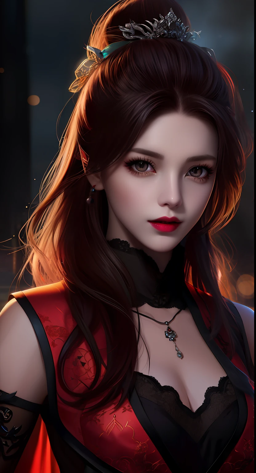 best quality, masterpiece, highres, 1girl, hanfu, white and even teeth, red irises, chinese underwear, hair ornaments, necklace, jewelry, crown jewelry. Pretty face, upper body, magic import style, tyndall effect, photo realistic, dark studio, border light, two tone light, (high detail skin: 1.2), 8k uhd, dslr , soft light, high quality, volumetric light, candid, Photo , high resolution, 4k, 8k, Bokeh, (light pink lips), 1 beautiful demon from hell, In the Dark: 1.6), surreal portraits of women by David Hockney and Alphonse Mucha, fantasy art, photorealism, dynamic lighting, station art, posters, volumetric lighting, highly detailed faces , super 8k, Awarded, in the dark, deep shadow, low light, cowboy lens, (Red phoenix shirt: 1.4), long hair, black hair, bust, luxury palace, Royal style family, devil's crown, red eyes with very sharp and detailed makeup, Best face, Very round and tight breasts, Surreal, chinese women's clothing, turtleneck polo lace top, charming smile, Beautiful eye makeup, guweiz, devil style, black lace stockings, ponytail with a bow at the back, dark red lips, Devil tattoo on shoulder, wearing a nightgown thin lace deep slit chest red black, lace cape, overcast and thunderous landscape, (Portrait), Close-up of main character, (Background detail 1.8),