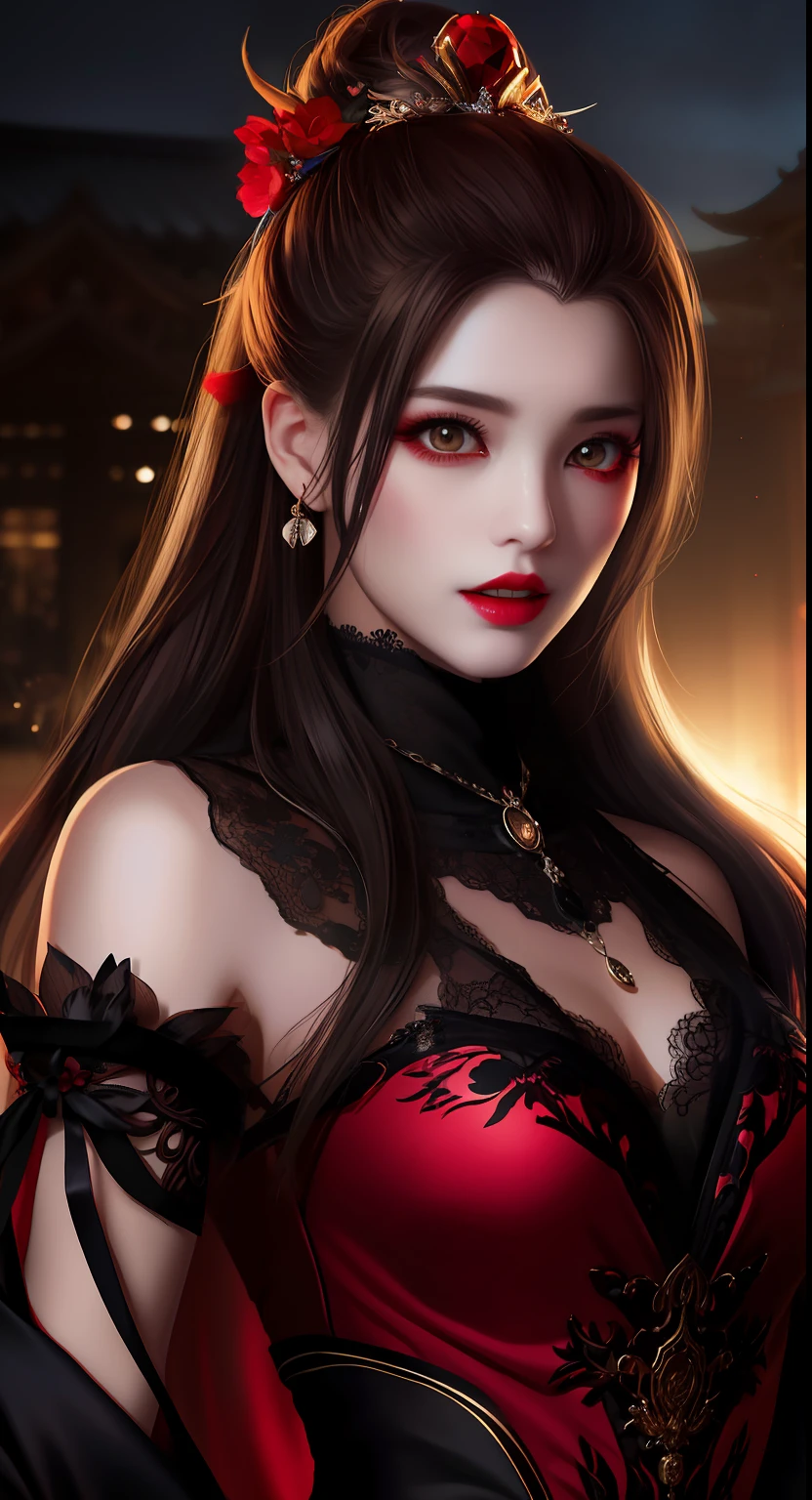 best quality, masterpiece, highres, 1girl, hanfu, white and even teeth, red irises, chinese underwear, hair ornaments, necklace, jewelry, crown jewelry. Pretty face, upper body, magic import style, tyndall effect, photo realistic, dark studio, border light, two tone light, (high detail skin: 1.2), 8k uhd, dslr , soft light, high quality, volumetric light, candid, Photo , high resolution, 4k, 8k, Bokeh, (light pink lips), 1 beautiful demon from hell, In the Dark: 1.6), surreal portraits of women by David Hockney and Alphonse Mucha, fantasy art, photorealism, dynamic lighting, station art, posters, volumetric lighting, highly detailed faces , super 8k, Awarded, in the dark, deep shadow, low light, cowboy lens, (Red phoenix shirt: 1.4), long hair, black hair, bust, luxury palace, Royal style family, devil's crown, red eyes with very sharp and detailed makeup, Best face, Very round and tight breasts, Surreal, chinese women's clothing, turtleneck polo lace top, charming smile, Beautiful eye makeup, guweiz, devil style, black lace stockings, ponytail with a bow at the back, dark red lips, Devil tattoo on shoulder, wearing a nightgown thin lace deep slit chest red black, lace cape, overcast and thunderous landscape, (Portrait), Close-up of main character, (Background detail 1.8),