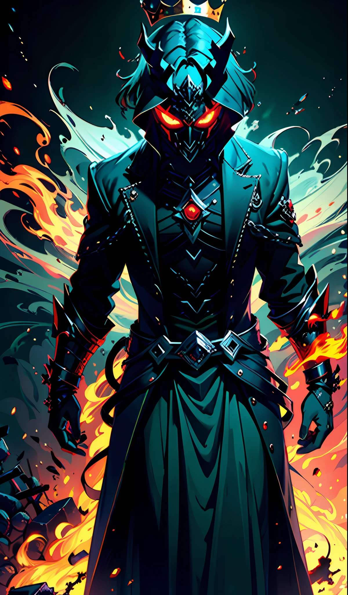 (extremely detailed CG unity 8k wallpaper, masterpiece, best quality, ultra-detailed), (Heaven: 0.6 + Hell + Ghost: 1.2 + Hades: 1.5+ Underworld: 1.4), King of Yan, Throne, Crown, Green Clothes, Mask, Dill Red Light, Flames, Underworld Background, HD Sharp, Extremely Realistic.