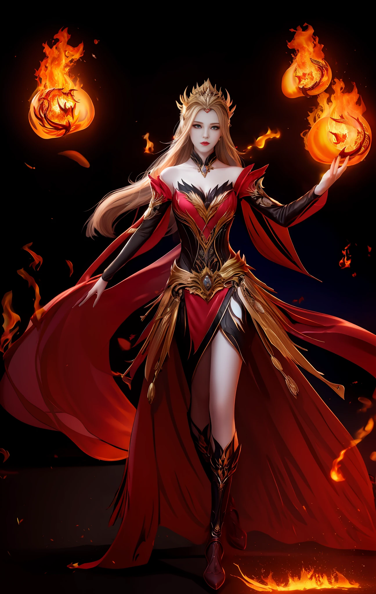 best possible quality，杰作，vampiric，Fully covered red and black cloth，Throw flames by hand，Red burning eyes，Visible vampire teeth，highly resolution，(1girls，a whole body，dynamicpose)，Porcelain dress，hair ornament，gargantilha，jewelries，beatutiful face，s whole body，Tindal effect，逼真, Dark Studio, edgelighting, duotone lighting,(High Detail Skins:1.2), 8K  UHD, DSLR, softlighting, hight quality, Volumetriclighting, Candid camera, photographs, highly resolution, 4K, 8K, Background bokeh, Fire magic，spell-casting，Fire dragons fly，Surround fire magic，Fireball on the palm