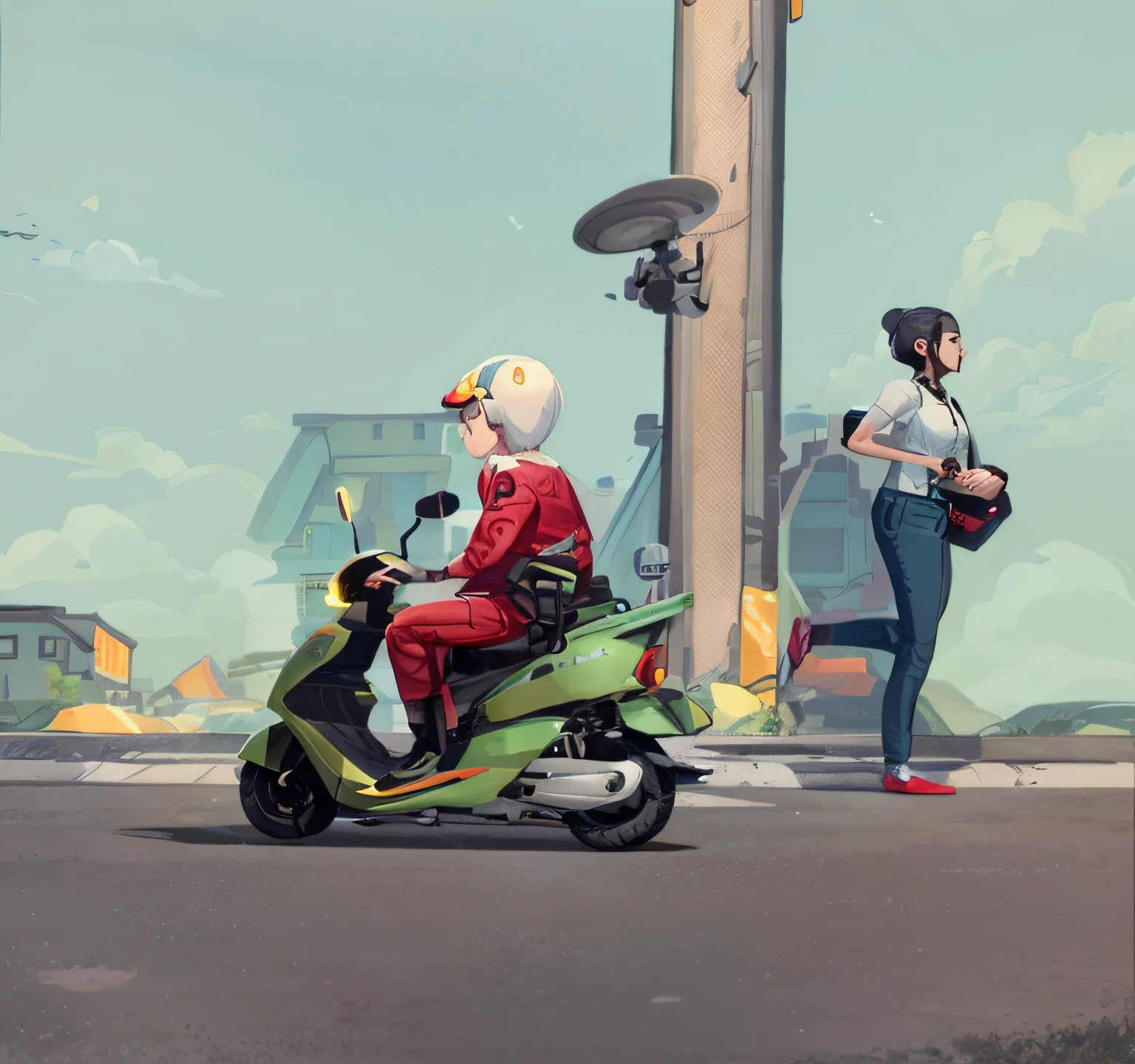 there is a woman that is riding a scooter on the street, author：Zhang Shengqi, 2D illustration, 2 d illustration, author：Russell Dongjun Lu, a beautiful artwork illustration, low detailed. Digital painting, in style of digital illustration, guviz style artwork, author：Lee Jeon-suk, Stylized digital illustration