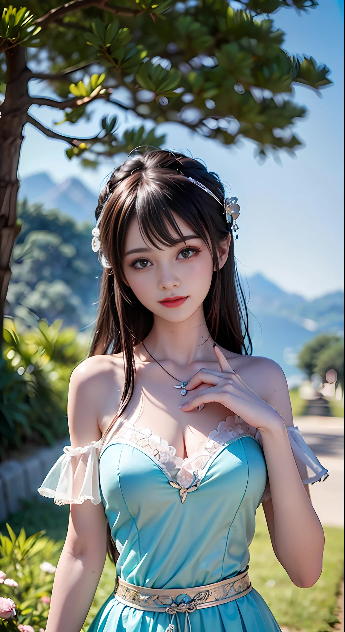 Bust shot, face shot, face specific, (((alone)), (single)))), black hair, a beautiful girl, ((delicate pale pink clothes)), cyan streamers, gauze skirt, texture, delicate pattern, hair bundle, cool clothing, high slit, beautiful, leg, stocking, translucent clothing, tulle texture, black hair, master work, close-up lens, depth of field, crystal, crystal decoration, crystal headdress, pretty girl, (( rainy, ray, delicate clothes, bare shoulders, delicate details, eye highlights, delicate clothing, delicate patterns, antique style, Chinese style, fine portrayal, extreme details, cinematic quality, thin, slender, hair details, thin bangs, coiled hair, correct body, shadows, air bangs, 8K, super fine, fine damask texture, smooth, silky, silk, gauze skirt fabric, (tulle: 1.9), smooth, smooth texture, good complexion, (((mountains)), river, Meadow, tree, ((green mountain)), petal, landscape, smile, tsurime, surrealism, ray tracing, UHD, high details, super detail, highres, 8k, high quality, high details, textured skin, ccurate, anatomically correct, best quality, highres, high quality, textured skin, high details, anatomically correct, super detail, anatomically correct, anatomically correct