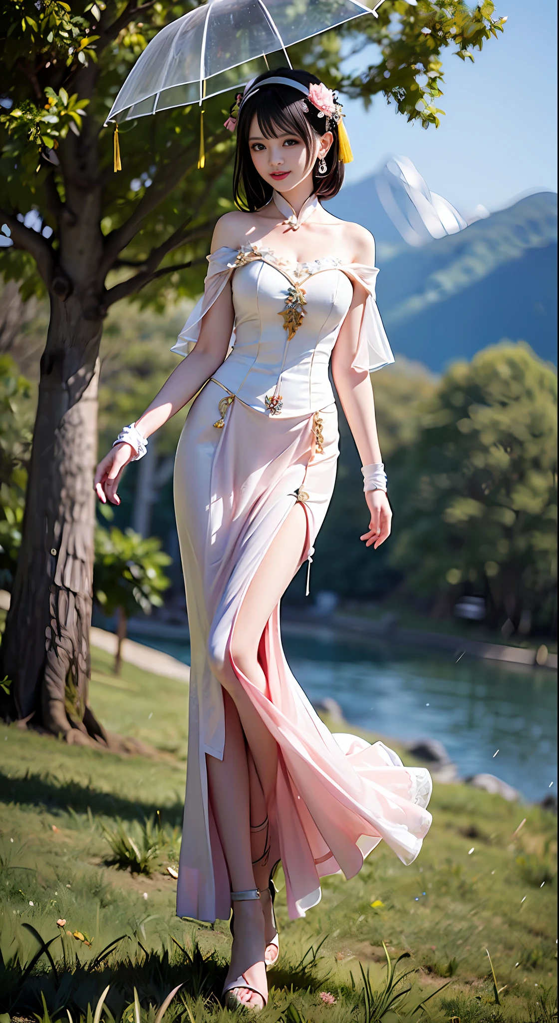 Bust shot, face shot, face specific, (((alone)), (single)))), black hair, a beautiful girl, ((delicate pale pink clothes)), cyan streamers, gauze skirt, texture, delicate pattern, hair bundle, cool clothing, high slit, beautiful, leg, stocking, translucent clothing, tulle texture, black hair, master work, close-up lens, depth of field, crystal, crystal decoration, crystal headdress, pretty girl, (( rainy, ray, delicate clothes, bare shoulders, delicate details, eye highlights, delicate clothing, delicate patterns, antique style, Chinese style, fine portrayal, extreme details, cinematic quality, thin, slender, hair details, thin bangs, coiled hair, correct body, shadows, air bangs, 8K, super fine, fine damask texture, smooth, silky, silk, gauze skirt fabric, (tulle: 1.9), smooth, smooth texture, good complexion, (((mountains)), river, Meadow, tree, ((green mountain)), petal, landscape, smile, tsurime, surrealism, ray tracing, UHD, high details, super detail, highres, 8k, high quality, high details, textured skin, ccurate, anatomically correct, best quality, highres, high quality, textured skin, high details, anatomically correct, super detail, anatomically correct, anatomically correct