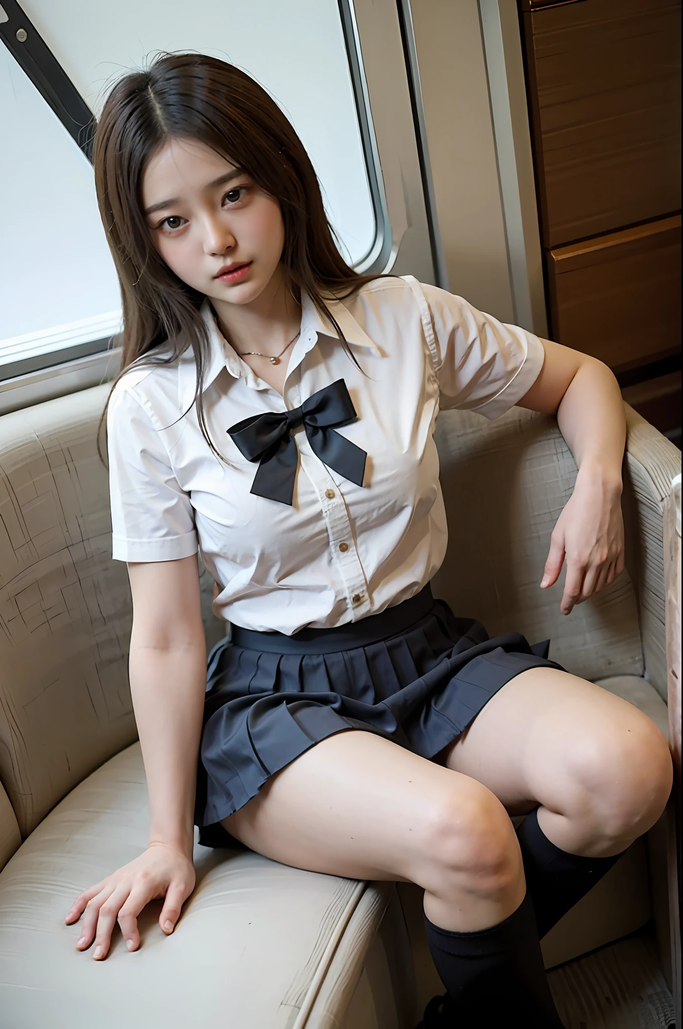 Low angle shot,arafed asian woman in a short skirt and bow tie sitting on a train, cute schoolgirl, japanese girl school uniform, wearing japanese school uniform, japanese school uniform, a hyperrealistic schoolgirl, dressed as schoolgirl, hyperrealistic schoolgirl, wearing school uniform, realistic schoolgirl, girl wearing uniform, wearing a school uniform, of a schoolgirl posing, full body, nice skin, glowing skin, nice thighs,glowing thigh, glowing legs
