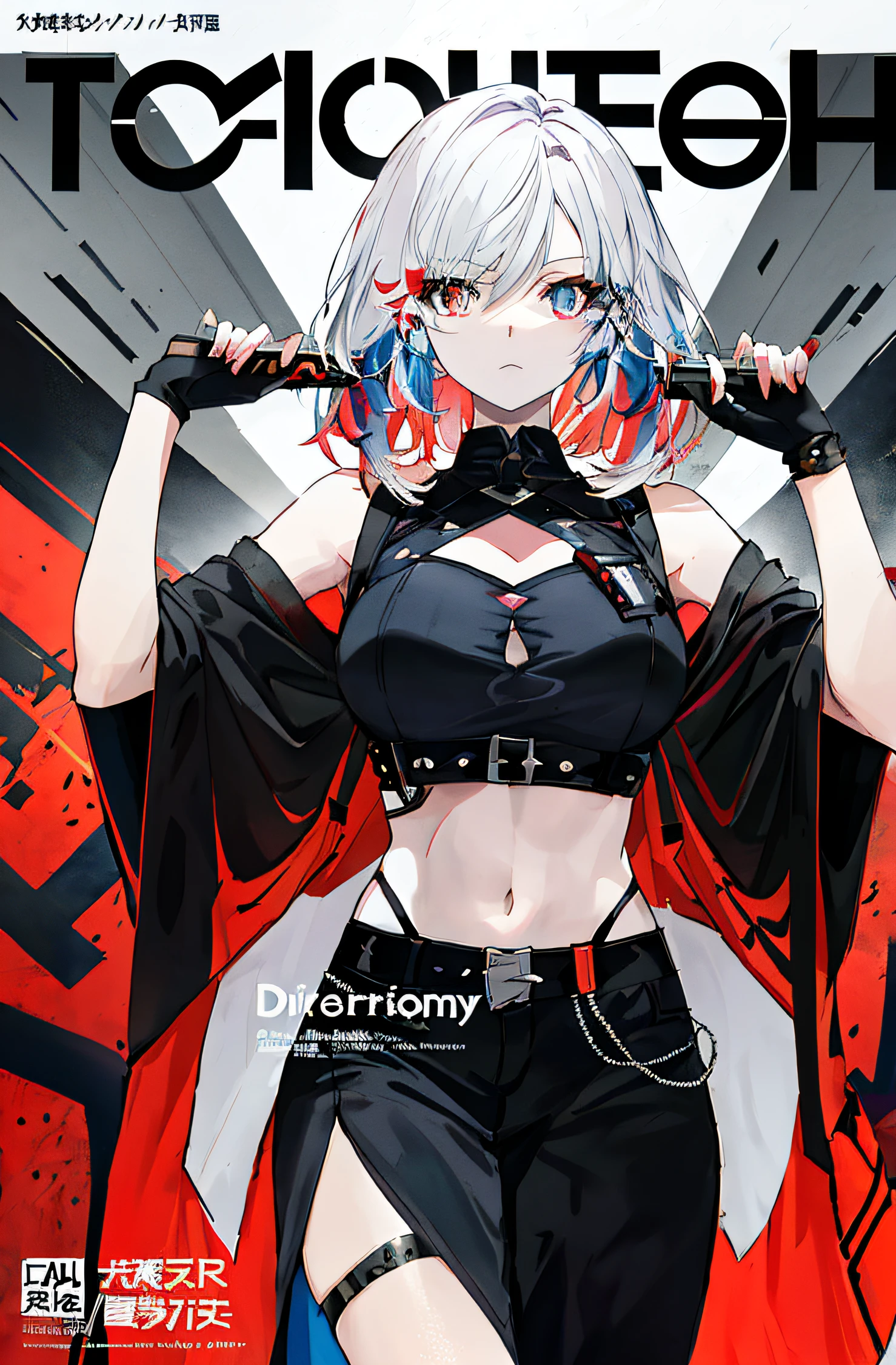 a close up of a person holding a bat on a cover of a magazine, cyborg - girl with silver hair, Official artwork, symetry!! concept arts, demon slayer artstyle, Asymmetry!!, female cyberpunk anime girl, ( ( Cyberpunk ) ), from girls frontline, cyberpunk anime girl, pixiv 3dcg, from arknights, trending on artstation pixiv