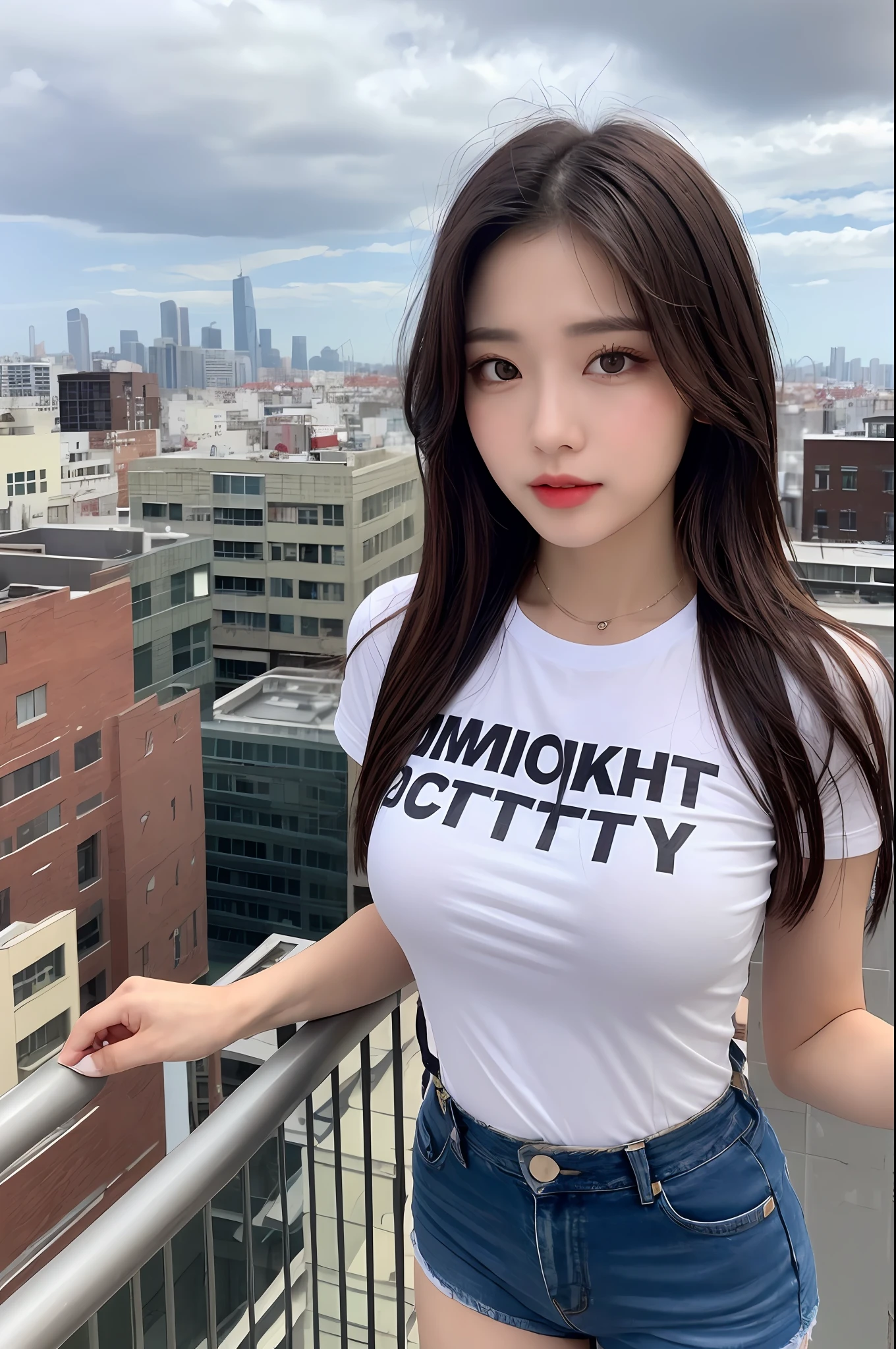 ((Midnight, Best quality, 8k, Masterpiece :1.3)), Whole body, Long legs, Sharp focus :1.2, A pretty woman with perfect figure :1.4, Slender abs :1.1, ((Dark brown hair, Big breasts :1.2)), (White tight tshirt, suspenders, Jean short, Standing:1.2), ((Night city view, Rooftop:1.3)), Highly detailed face and skin texture, Detailed eyes, Double eyelid,