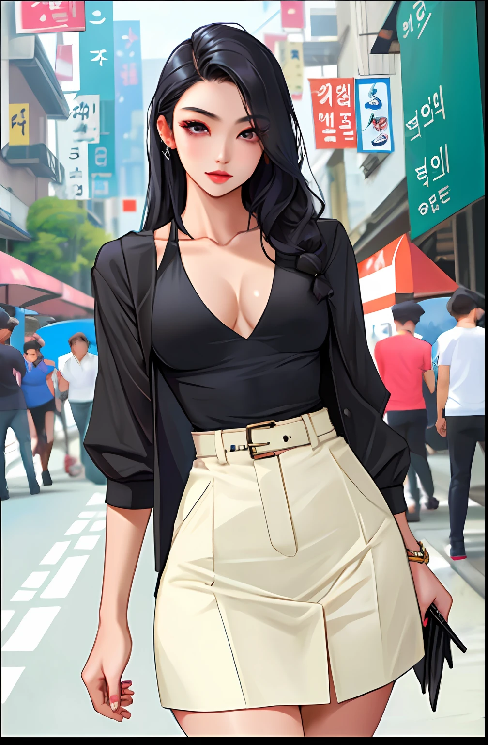 Long black hair and black top, Thin waist, thin waists, skinny waist and thick hips, Thin leg, Women's model, thin waists, high-waist-black-skirt, Korean girl, Beautiful woman, with a thin waist, wearing black camisole outfit, keep the consistency of action, with big eyes, long eyelash, Ample chest