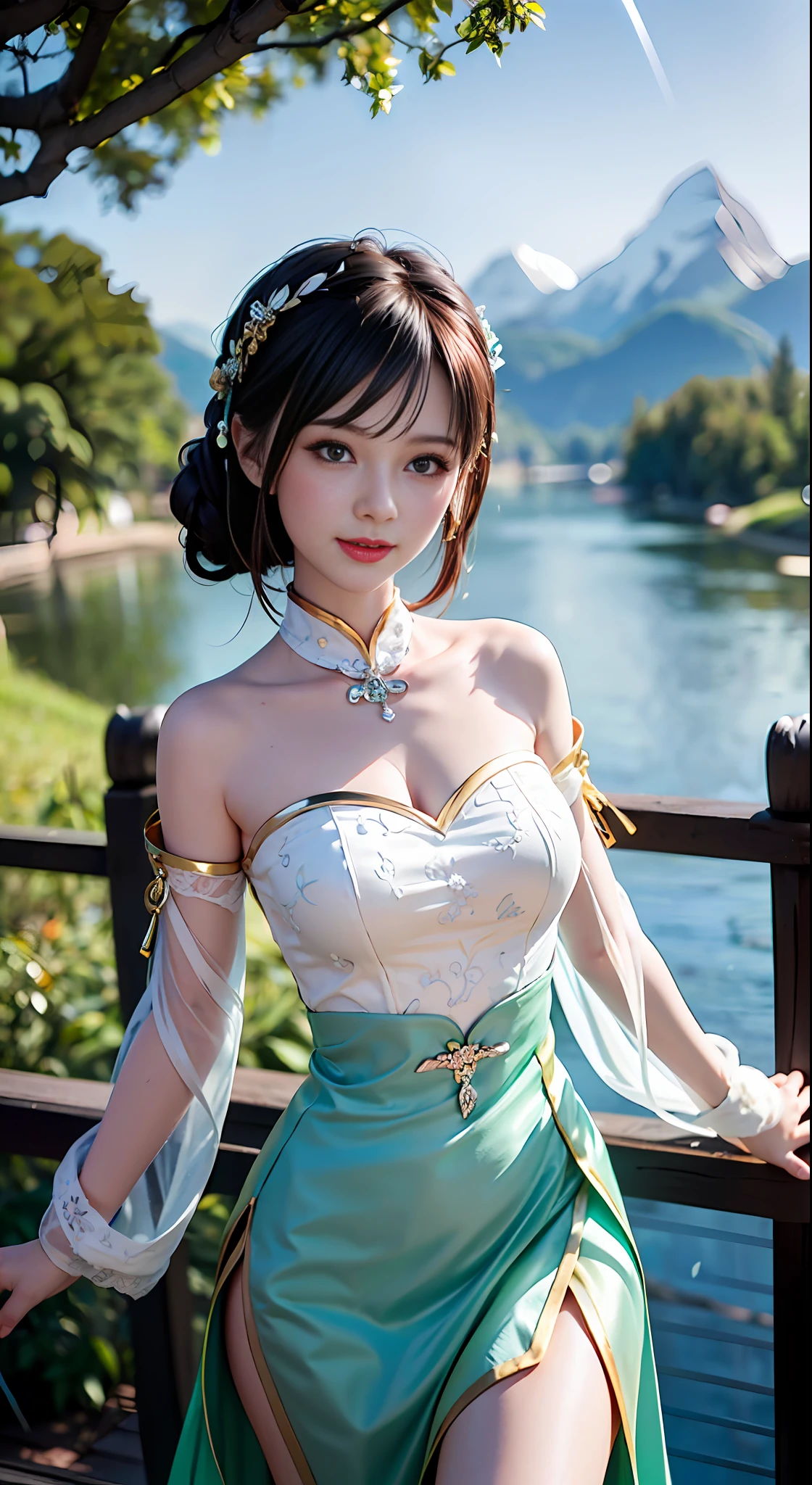 Bust shot, face shot, face specific, (((alone)), (single)))), black hair, a beautiful girl, ((delicate pale pink clothes)), cyan streamers, gauze skirt, texture, delicate pattern, hair bundle, cool clothing, high slit, beautiful, leg, stocking, translucent clothing, tulle texture, black hair, master work, close-up lens, depth of field, crystal, crystal decoration, crystal headdress, pretty girl, (( rainy, ray, delicate clothes, bare shoulders, delicate details, eye highlights, delicate clothing, delicate patterns, antique style, Chinese style, fine portrayal, extreme details, cinematic quality, thin, slender, hair details, thin bangs, coiled hair, correct body, shadows, air bangs, 8K, super fine, fine damask texture, smooth, silky, silk, gauze skirt fabric, (tulle: 1.9), smooth, smooth texture, good complexion, (((mountains)), river, Meadow, tree, ((green mountain)), petal, landscape, smile, tsurime, surrealism, ray tracing, UHD, high details, super detail, highres, 8k, high quality, high details, textured skin, ccurate, anatomically correct, best quality, highres, high quality, textured skin, high details, anatomically correct, super detail, anatomically correct, anatomically correct