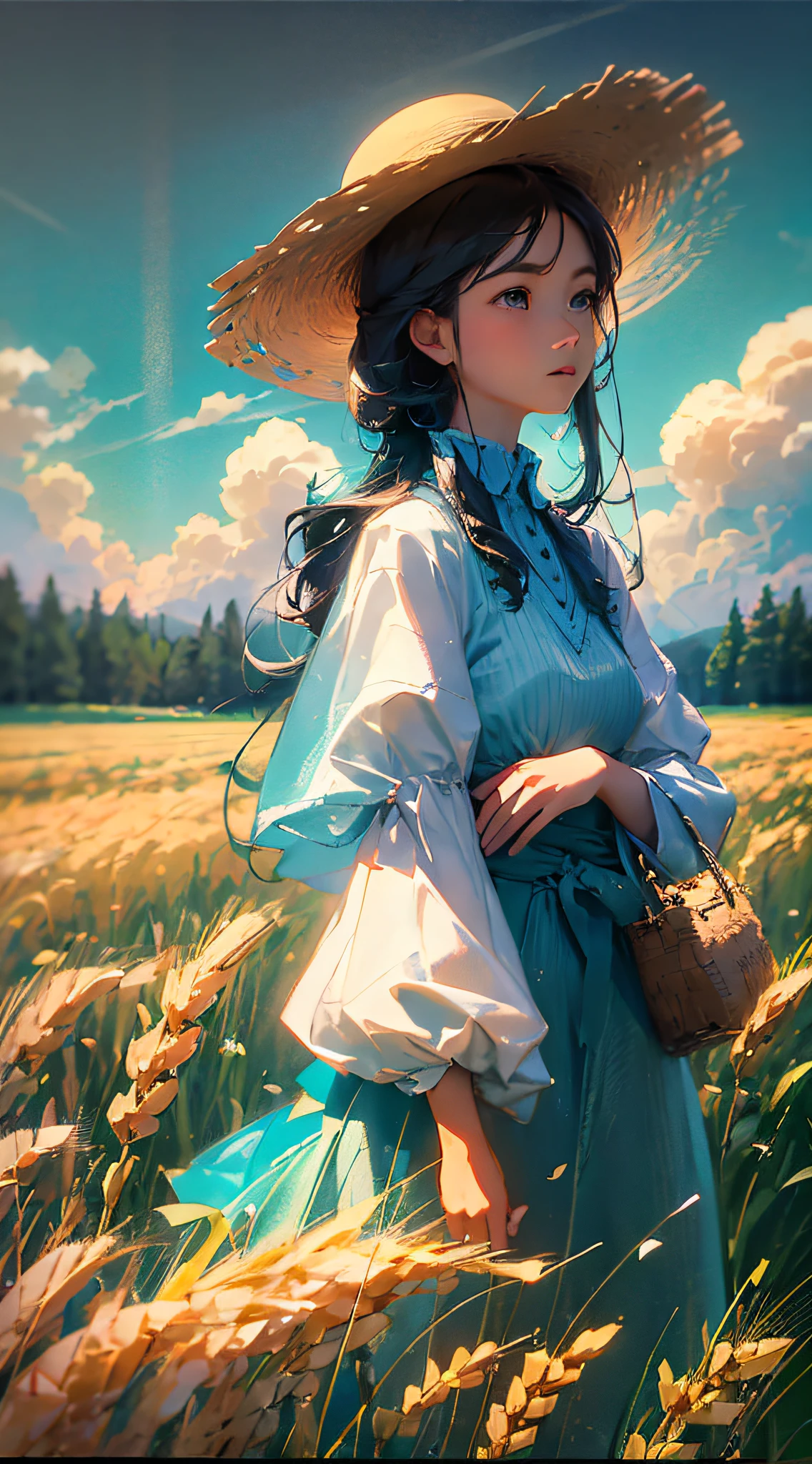 Wheat field, a farmer uncle with a straw hat standing in a wheat field, big clouds, blue sky, rice field, neat rice seedlings in the field, forest, hillside, secluded, rural, HD detail, hyper-detail, cinematic, surrealism, soft light, deep field focus bokeh, ray tracing and surrealism. --v6