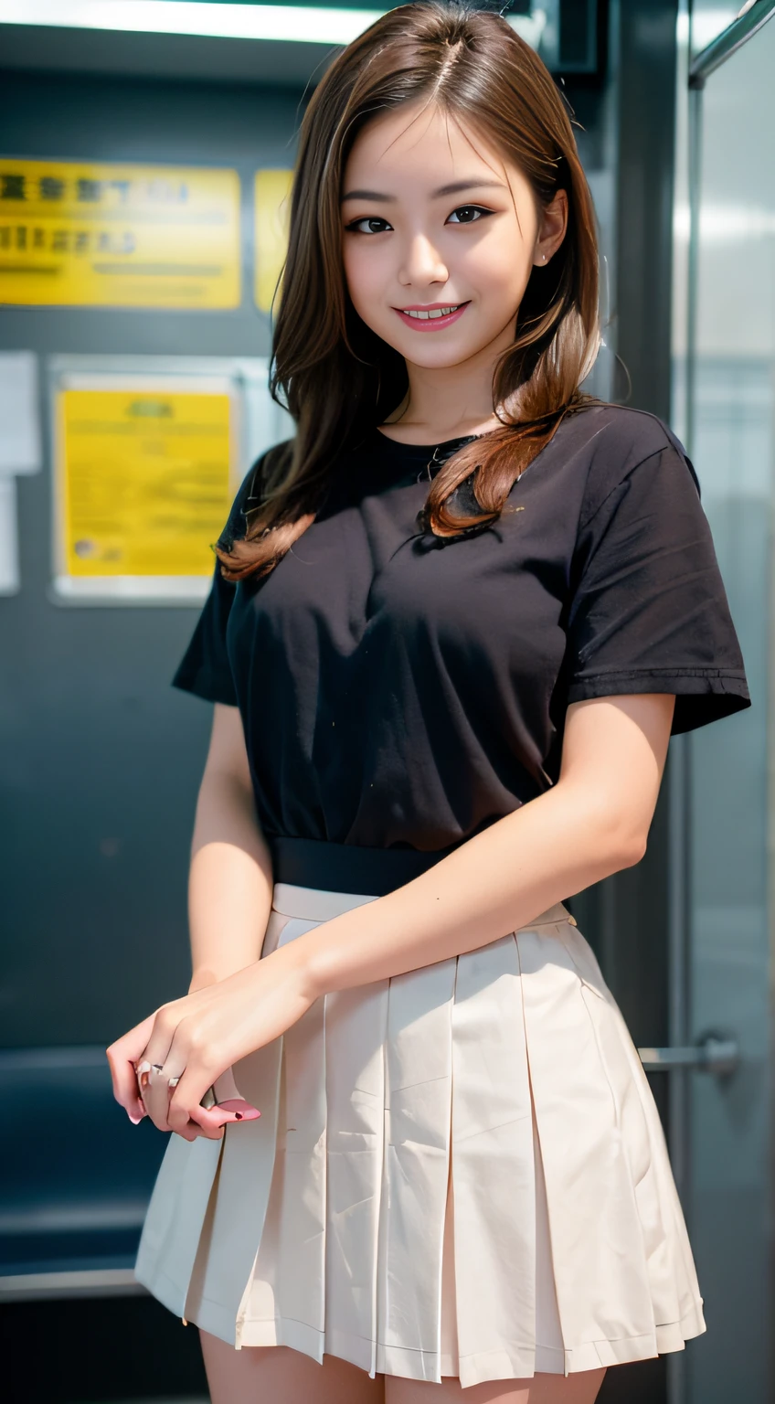(Best Quality, Masterpiece: 1.2), (Realistic, Photorealistic: 1.37), 8k, RAW Photography, Professional Lighting, Photon Display, Wireless Accuracy, Physical Rendering, 1 Japan Girl, Solo, Cute, High School, Brown Hair, (Black Pleated Skirt: 1.5), Date, Subway, Big, Smile Lightly, Closed Mouth
