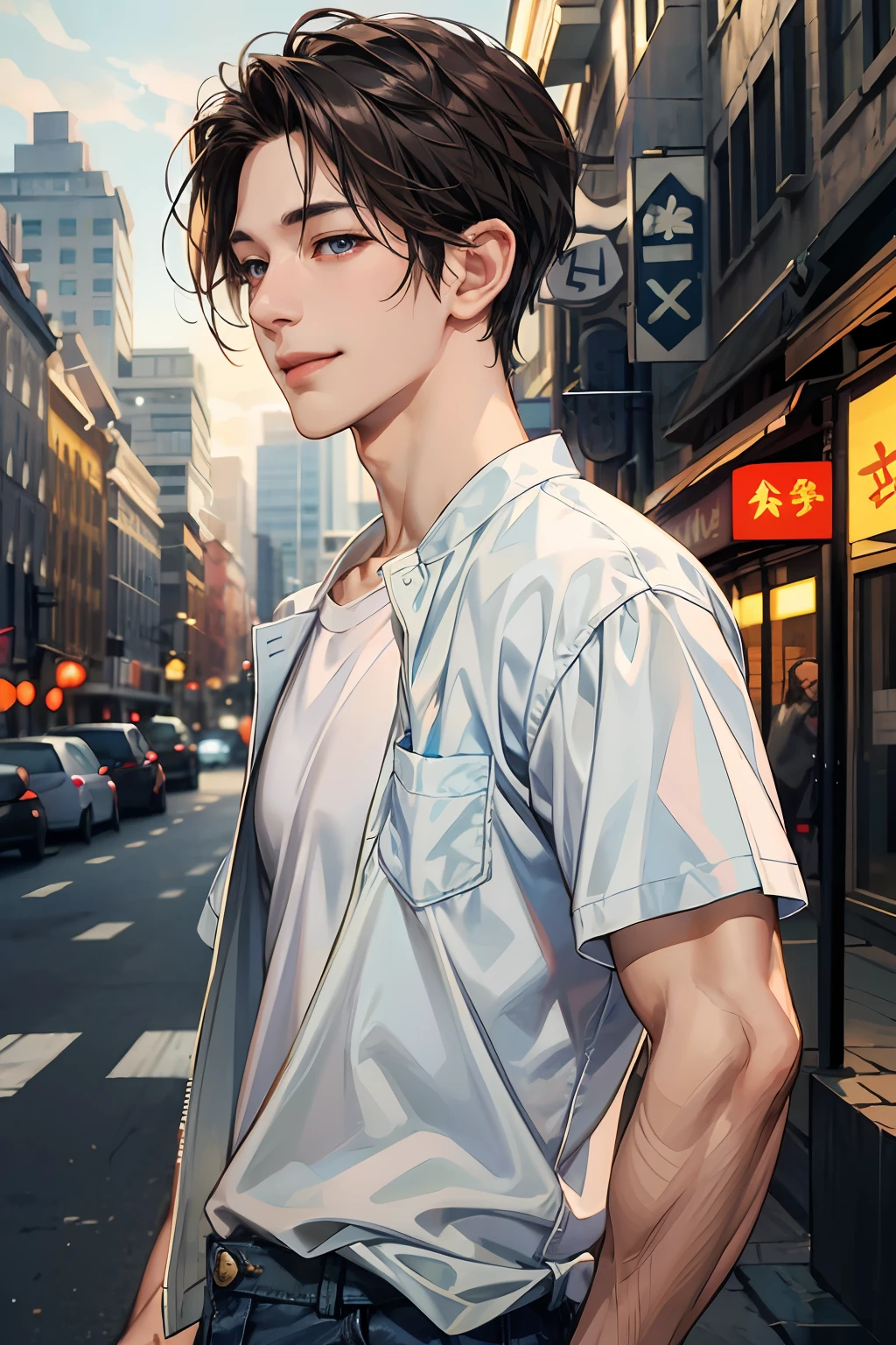 （absurdress，highly resolution，ultra detaile，hdr），杰作，best qualitiy，1boys，Handsome，short-length hair，Fine eyes and detailed face，（white t shirt），（Denim jacket），dimple，Light smile，mannequin，Street photography