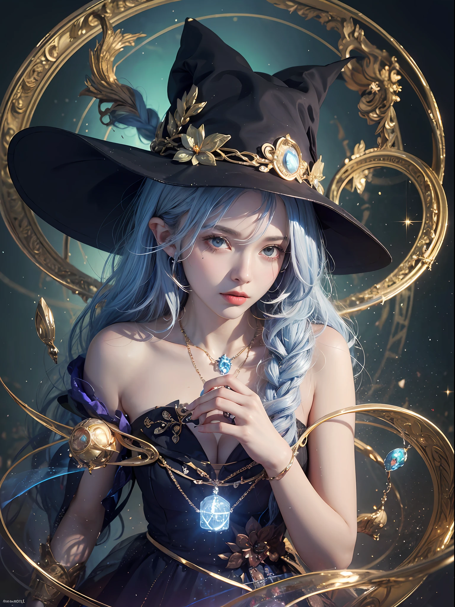 1girl, (witchcore, witchcraft, pagan, mystical, nature, occult) , magician, spell magic, magic circle, ((magic in hand)),(masterpiece, best quality:1.4),(absurdres, highres, ultra detailed:1.2),(using light magic:1.4),water magic, imaginative overlays, artistic fusion,fantastical scenes, evocative narratives, striking visuals, upper body ,(((best quality))),(((ultra detailed))),(((masterpiece)))