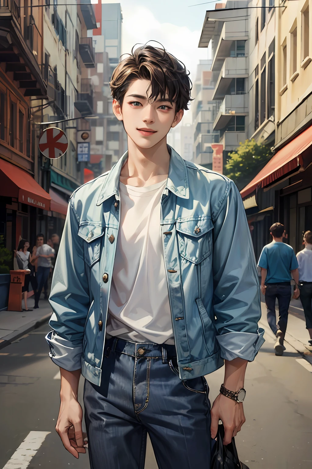 （absurdress，highly resolution，ultra detaile，hdr），杰作，best qualitiy，1boys，Handsome，short-length hair，Fine eyes and detailed face，（white t shirt），（Denim jacket），dimple，Light smile，mannequin，Street photography