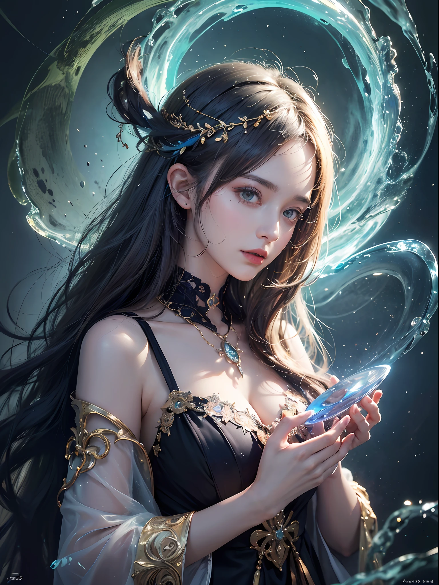 1girl, (witchcore, witchcraft, pagan, mystical, nature, occult) , magician, spell magic, magic circle, ((magic in hand)),(masterpiece, best quality:1.4),(absurdres, highres, ultra detailed:1.2),(using light magic:1.4),water magic, imaginative overlays, artistic fusion,fantastical scenes, evocative narratives, striking visuals, upper body ，(((best quality))),(((ultra detailed))),(((masterpiece)))