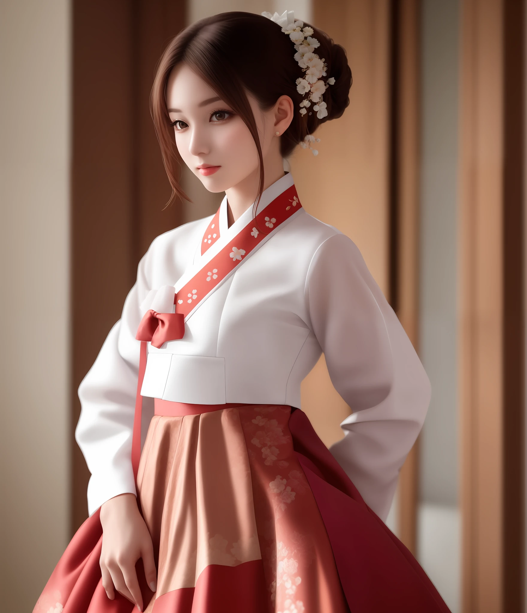 masterspiece, 4k, beautiful,hanbok, White and bright scarlet floral pattern, White skirt, Woman in hanbok, (Full red plum background: 1.5), a girl, 24 year old, Pretty face, Hair tied up in a back, gloss, detailed background, facing the viewer, posing for a picture,