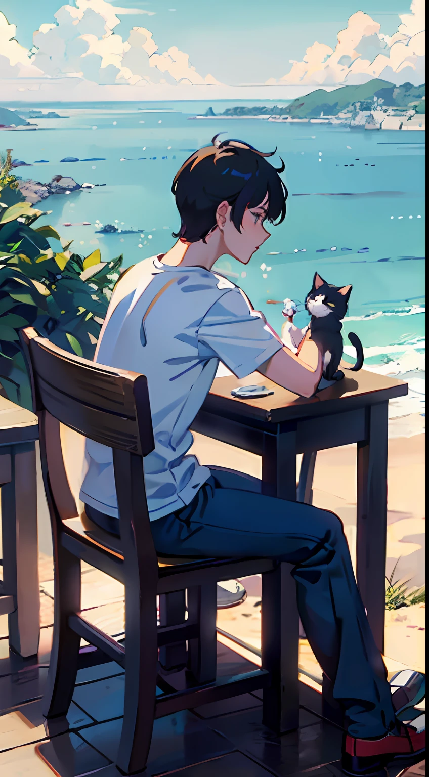 Sunny days、With one little cat、outside、On a very high hill with a view of the sea、While sitting in a rocking chair、Dressed in a white T-shirt and pants、A man brewing coffee while looking at the sea。