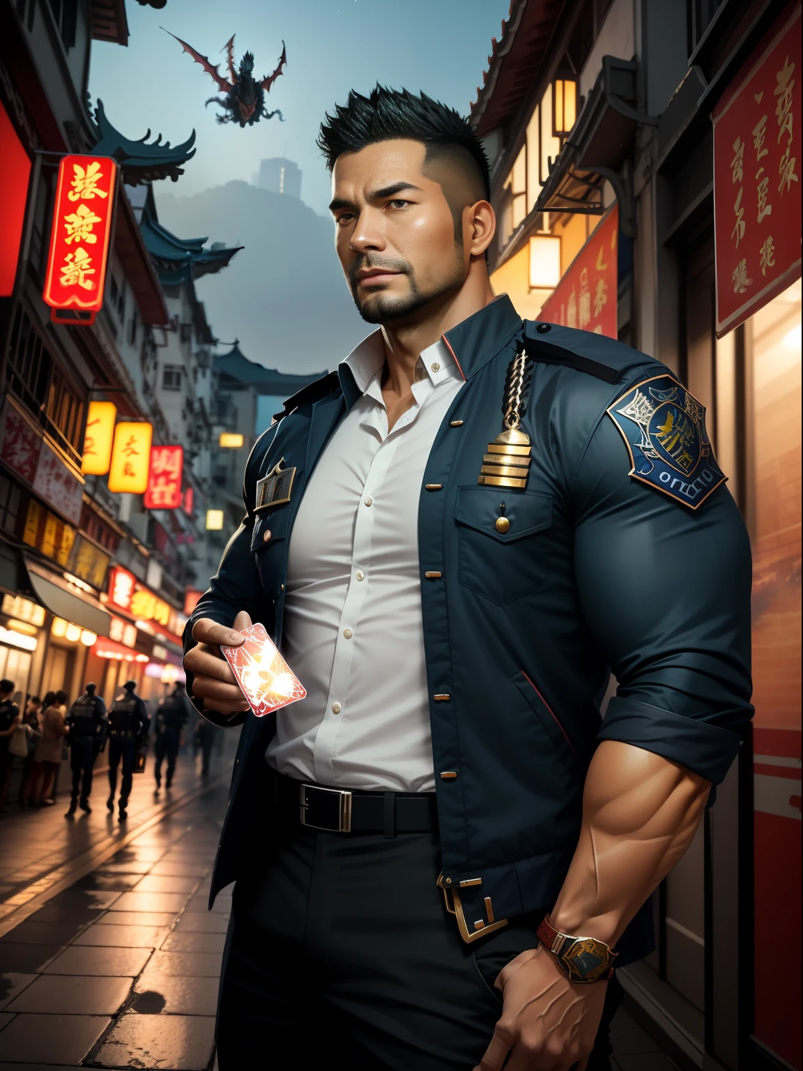 （杰作）(SFW) Extremely quality，Super detailed illustrations，The ultra-great resolution，Show a handsome and mature male, 35-year-old human Hong Kong police officer Kong Lin，heavy muscular figure，short hair and under-trimmed stubble，Wear a jacket，Surreal and charming。There are many Magic the Gathering cards floating around the police，In the background is a red dragon flying over the city。