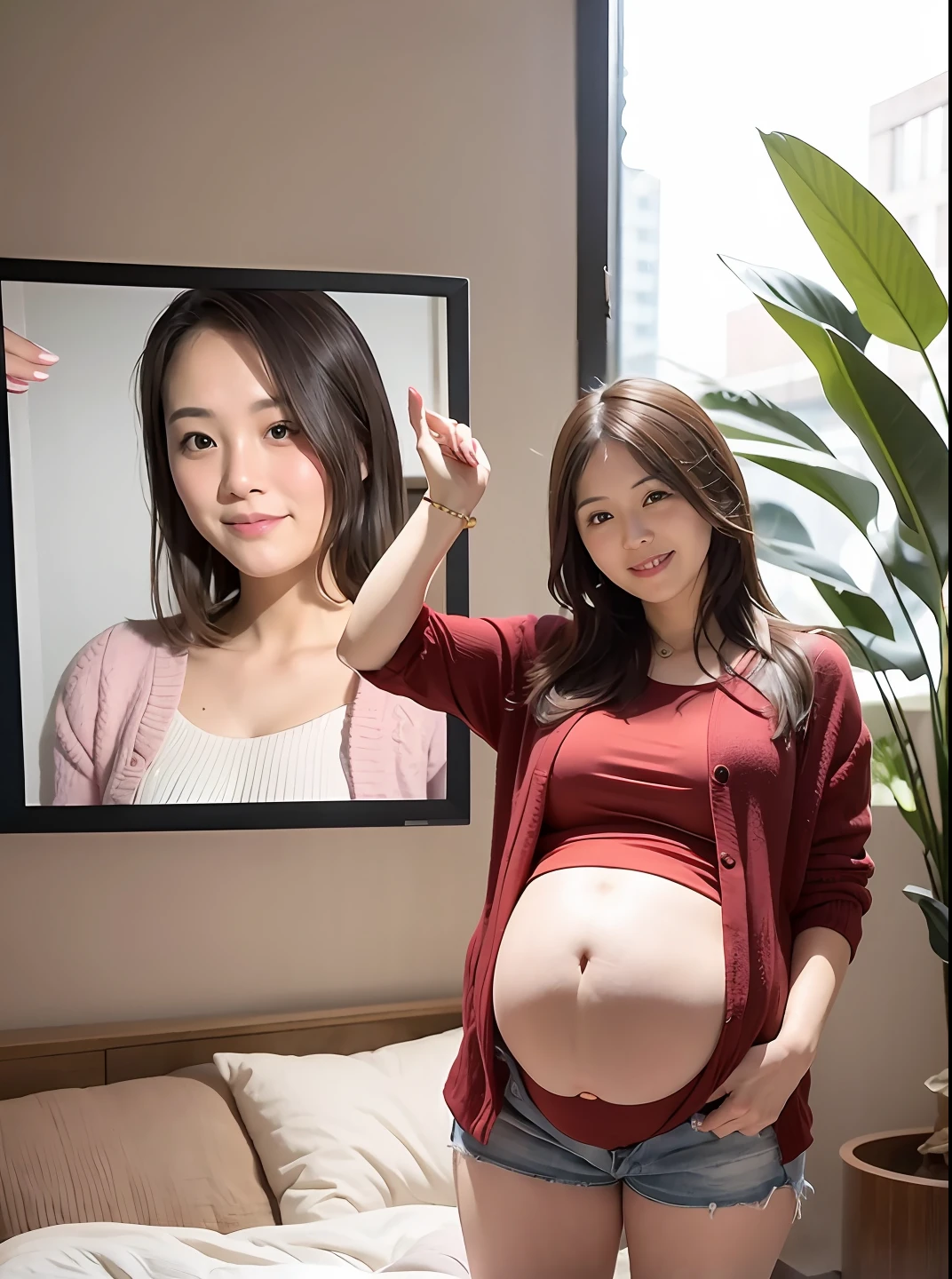 pregnant woman holding up a picture frame with her 's picture, pregnant belly, third trimester, prengant, Chiho ashima, ayami koj ima, maternal photography 4 k, maternity feeling, nanae kawahara, author：Masao Maeda, [ photo of a realistic ]!!, natsumi mukai artwrok, Aoi Ogata，((Shorts)),age 35