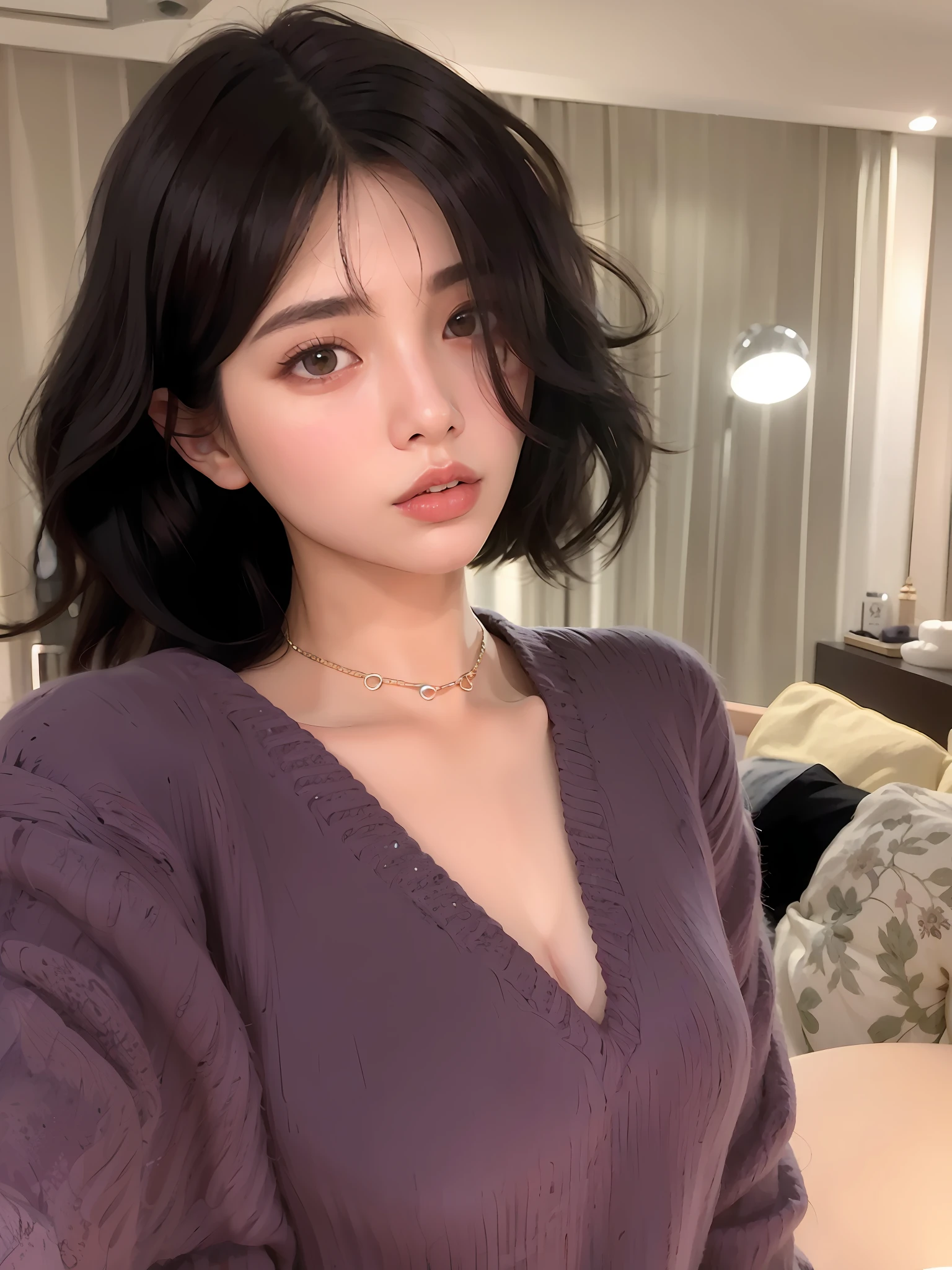 a close up of a woman wearing a purple sweater and a choke, ulzzang, korean girl, young cute wan asian face, gorgeous young korean woman, beautiful young korean woman, beautiful south korean woman, with short hair, young and cute girl, jinyoung shin, xintong chen, sakimichan, xision wu, beautiful asian girl, cruel korean goth girl