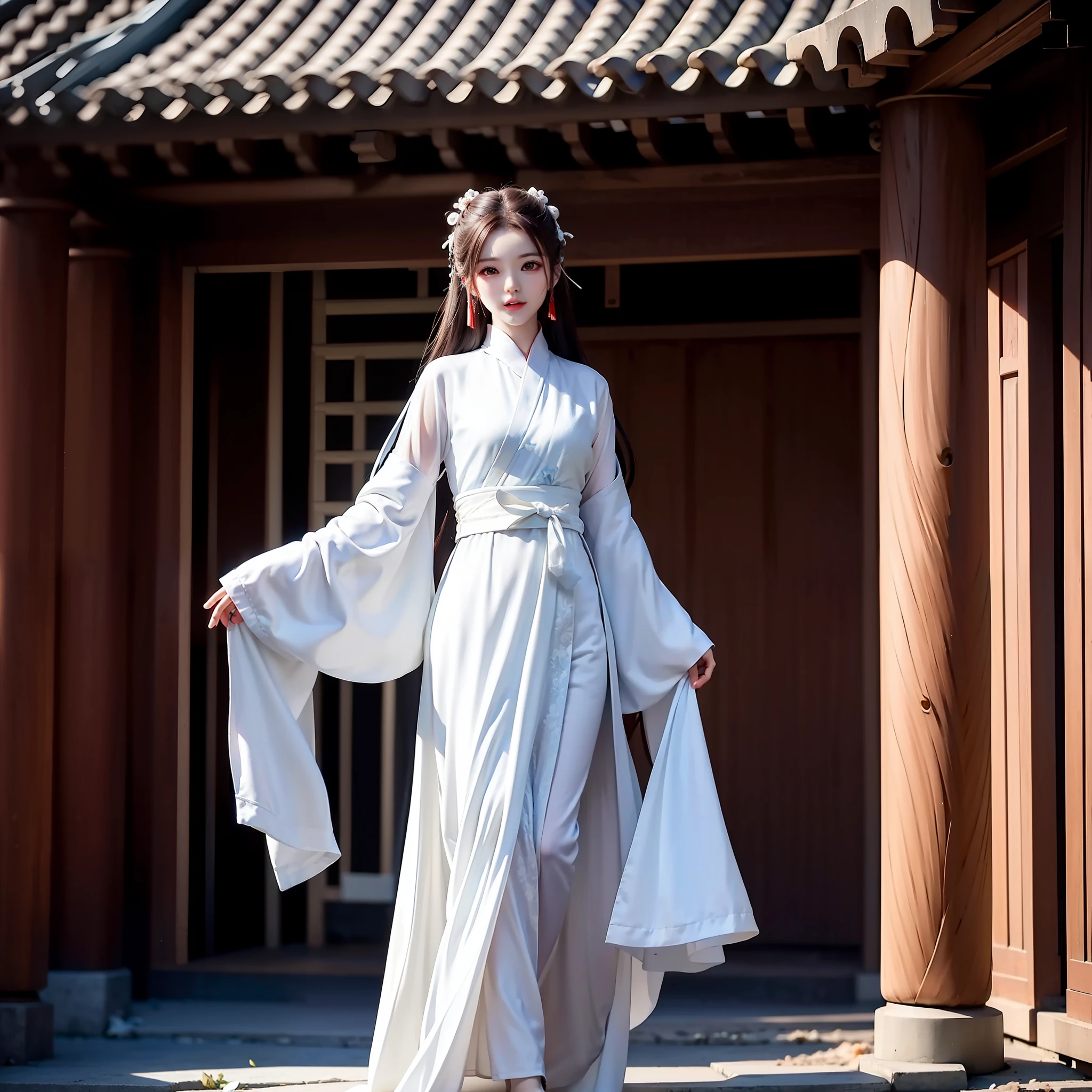 Wuxia,White robe white,long haired,ancient buildings,remote mountains