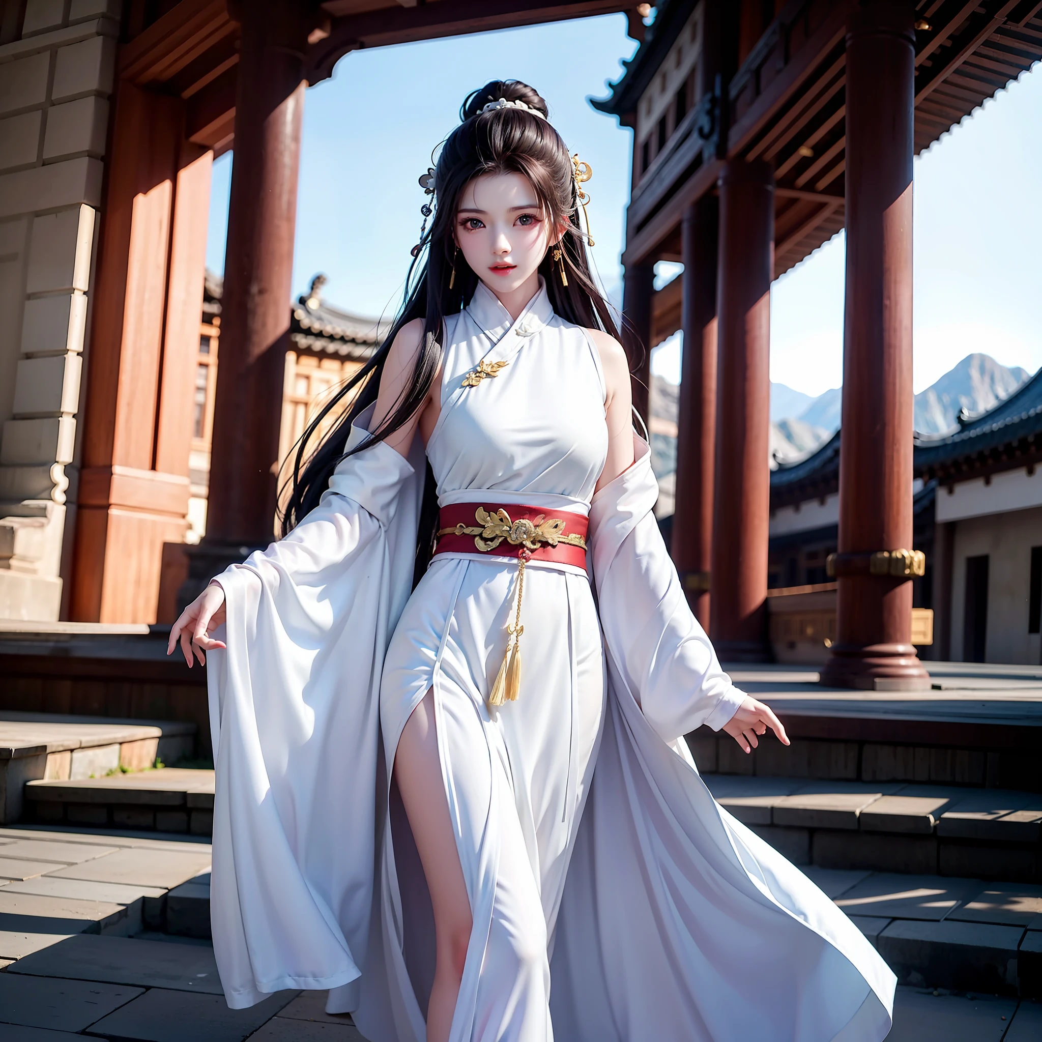 Wuxia,White robe white,long haired,ancient buildings,remote mountains