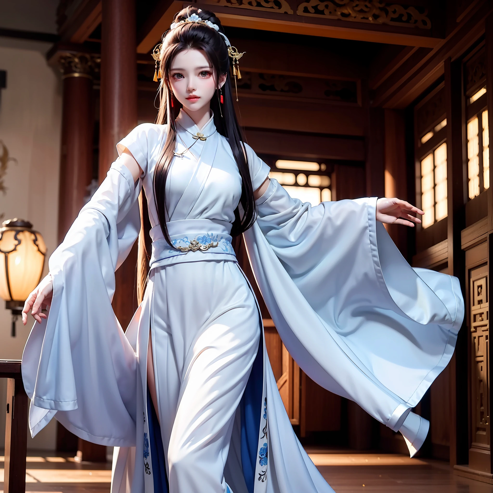 Wuxia，White robe white，long haired，ancient buildings，remote mountains