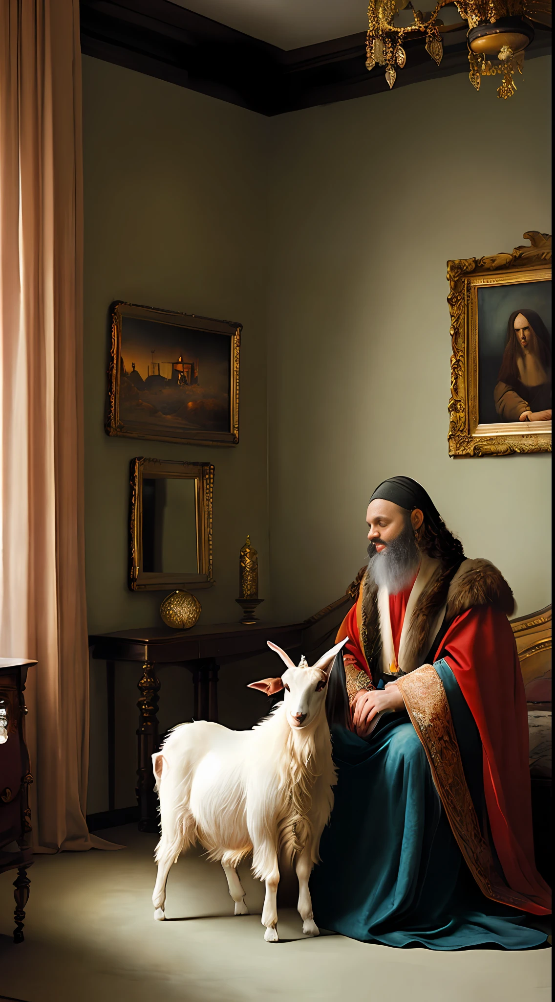 {A masterful oil painting teeming with details and nuances, showcasing Leonardo da Vinci, clad in the distinct fashion of the 15th century, as he tenderly pets a friendly goat in the comfort of a historically accurate guest room}, Inspired by traditional Renaissance art and pieces from Art Station, Camera: 50mm lens with a medium shot, View: Front, Render: High-resolution detailing in soft studio lighting. Desired effect: (vivid colors:1.1), (hyperrealistic:1.15), (vintage:1.1)