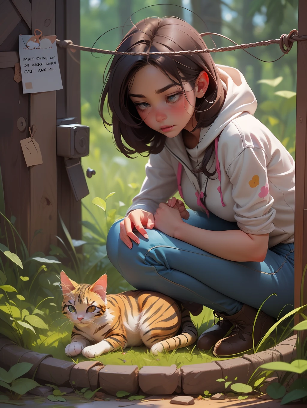 Evoke compassion and heroism in a captivating image featuring a beautiful girl rescuing a baby cat trapped in wrapped wire. Illustrate the girl's tender care and determination as she delicately frees the distressed feline, portraying their emotional connection and the triumph of compassion over adversity