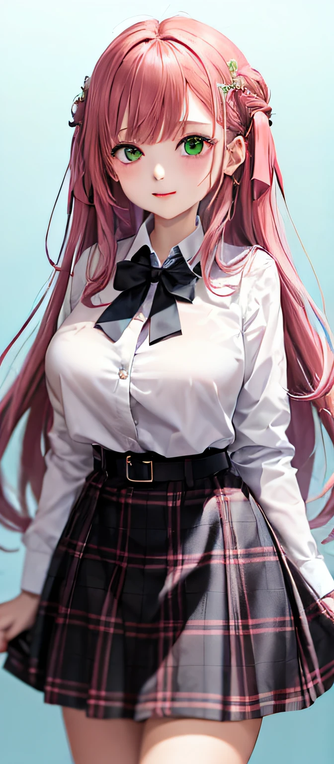 1girl, (masterpiece:1.1), (best quality:1.1), (white blouse:1.1), (plaid skirts:1.1), shcool uniform, High-waisted skirt, BREAK [blue:pink:0.5] theme, (gradient background: 1.1), cowboy lens, BREAK pink hair, long haired,, huge breasts green eyes, Delicate headdress, Side Body,