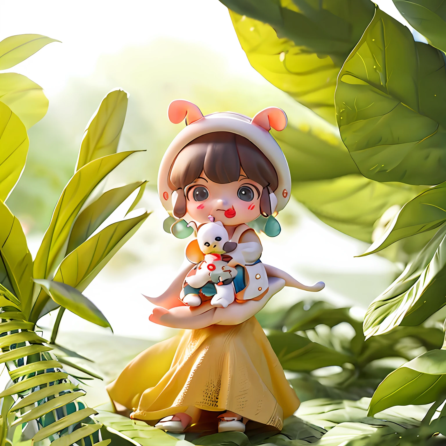 A cute little girl with a tongue sticking out and a rabbit ear cap、Sitting on silkworm leaves with a cute baby silkworm in her arms