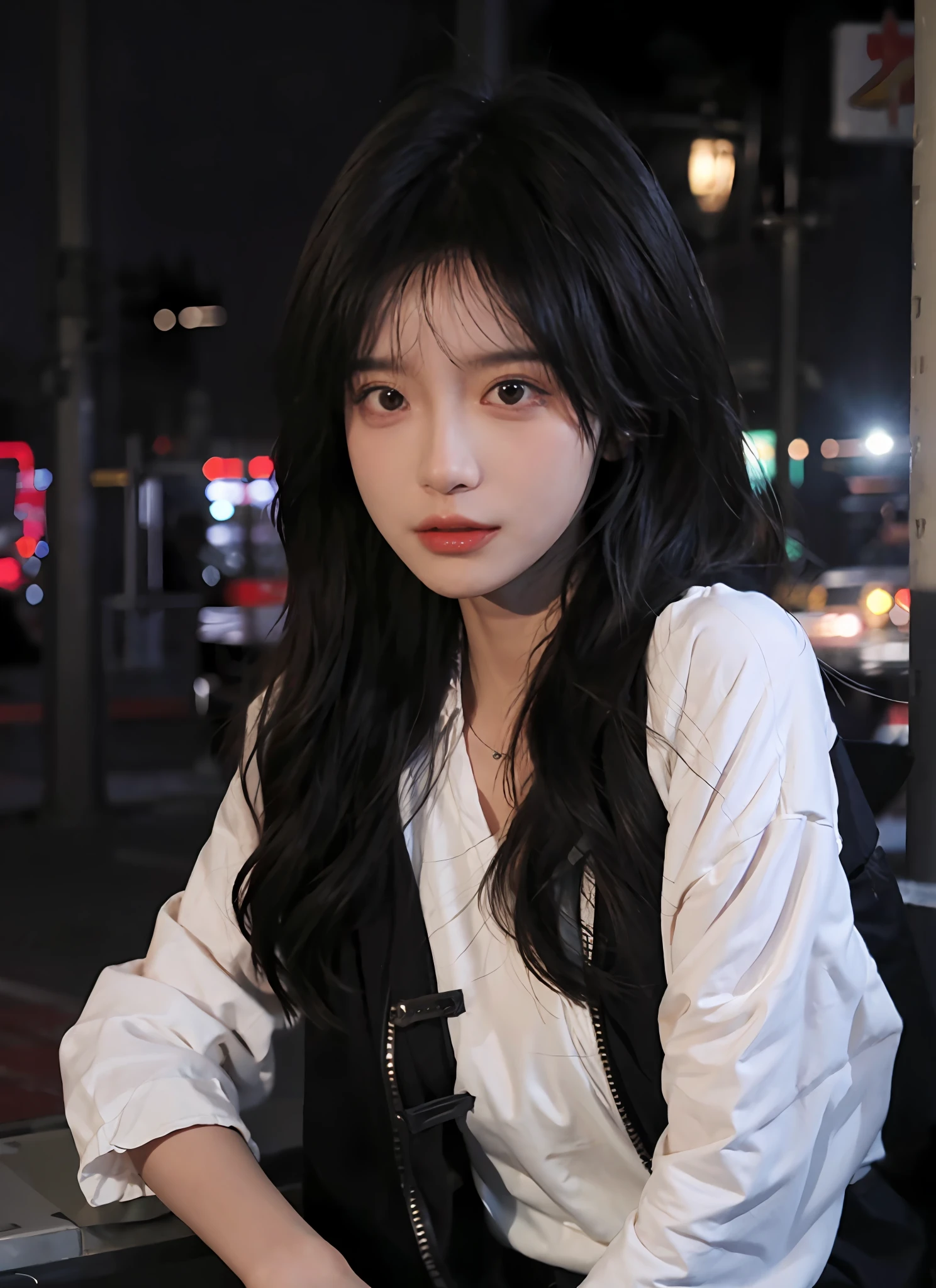 Best qualities,杰作,The ultra-great resolution,(逼真:1.4),1girls,sexly,(Open black coat:1.2),(bra:1.2),(largebreasts:1.3),(shortpants:1.4),Close up of,Beautifully long hair,Romantic at night