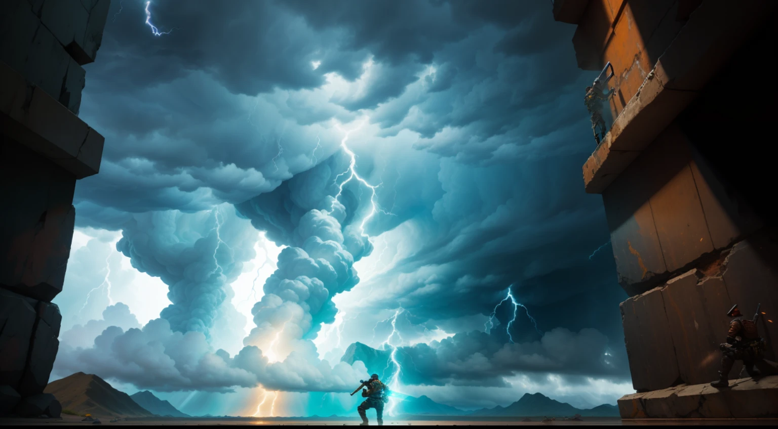 El cielo se rompe cuando un guerrero desata su poder con un poderoso golpe de su espada. Best quality CG depiction of this epic act, with impeccable attention to lighting and shadow. El guerrero se mantiene erguido, Irradiando potencia y fuerza, amidst a backdrop of turbulent clouds and lightning