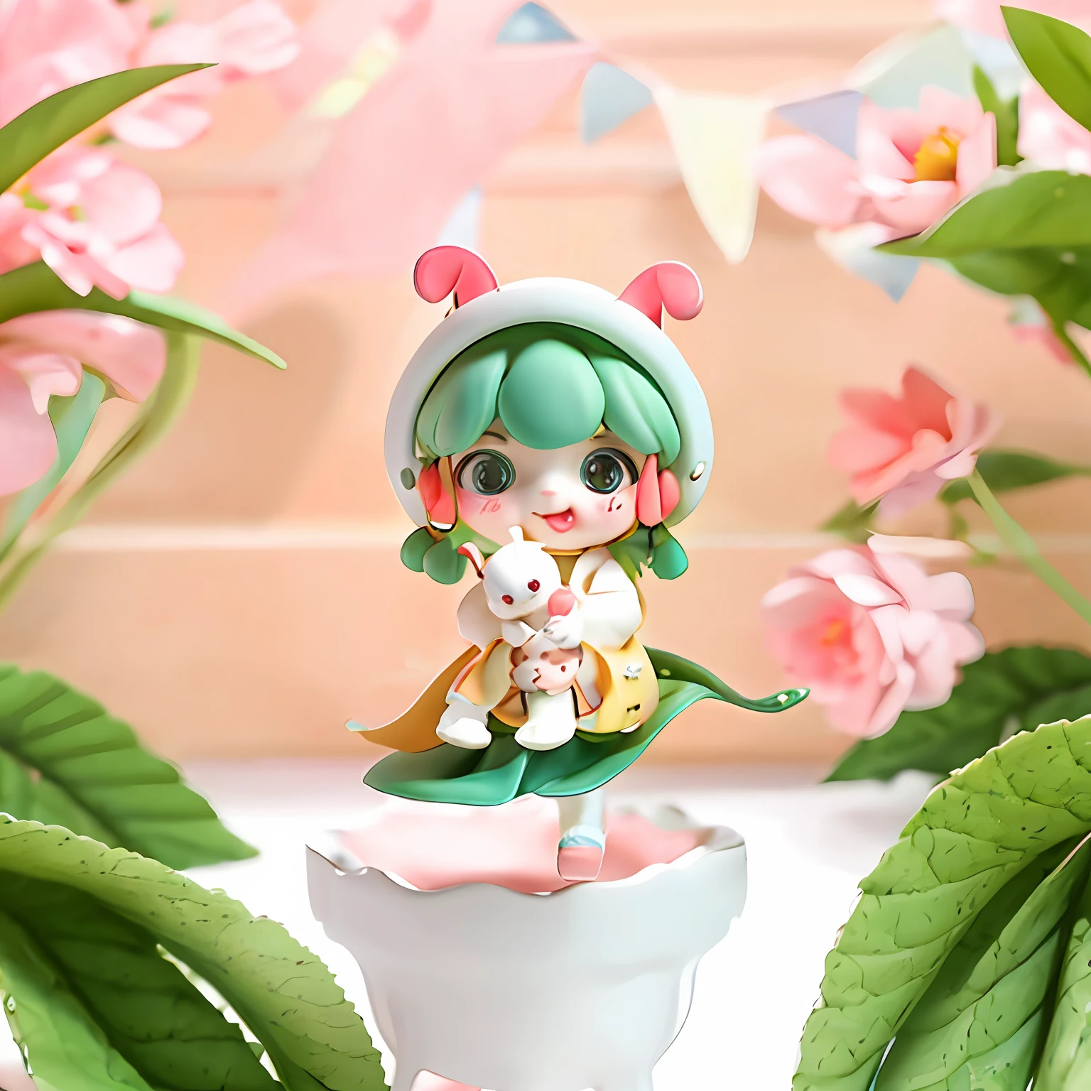 A cute with a tongue sticking out and a rabbit ear cap、Sitting on silkworm leaves with a cute baby silkwon her arms