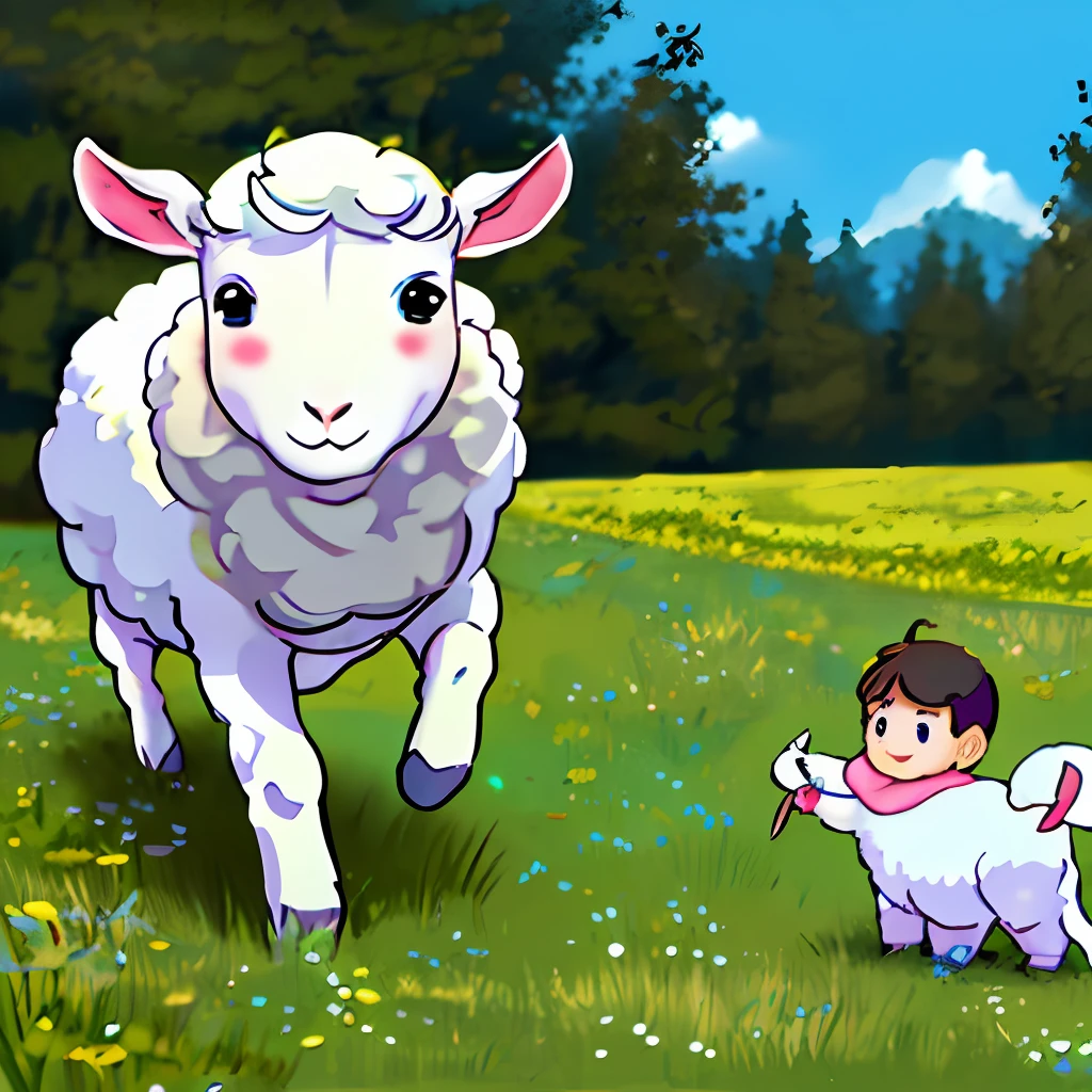 lamb、grass field、cartoony、Children's drawing