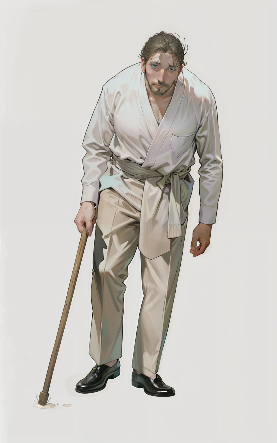 ,40-year-old man, japones, ojos de sapo, cara triste, feo, pies grandes