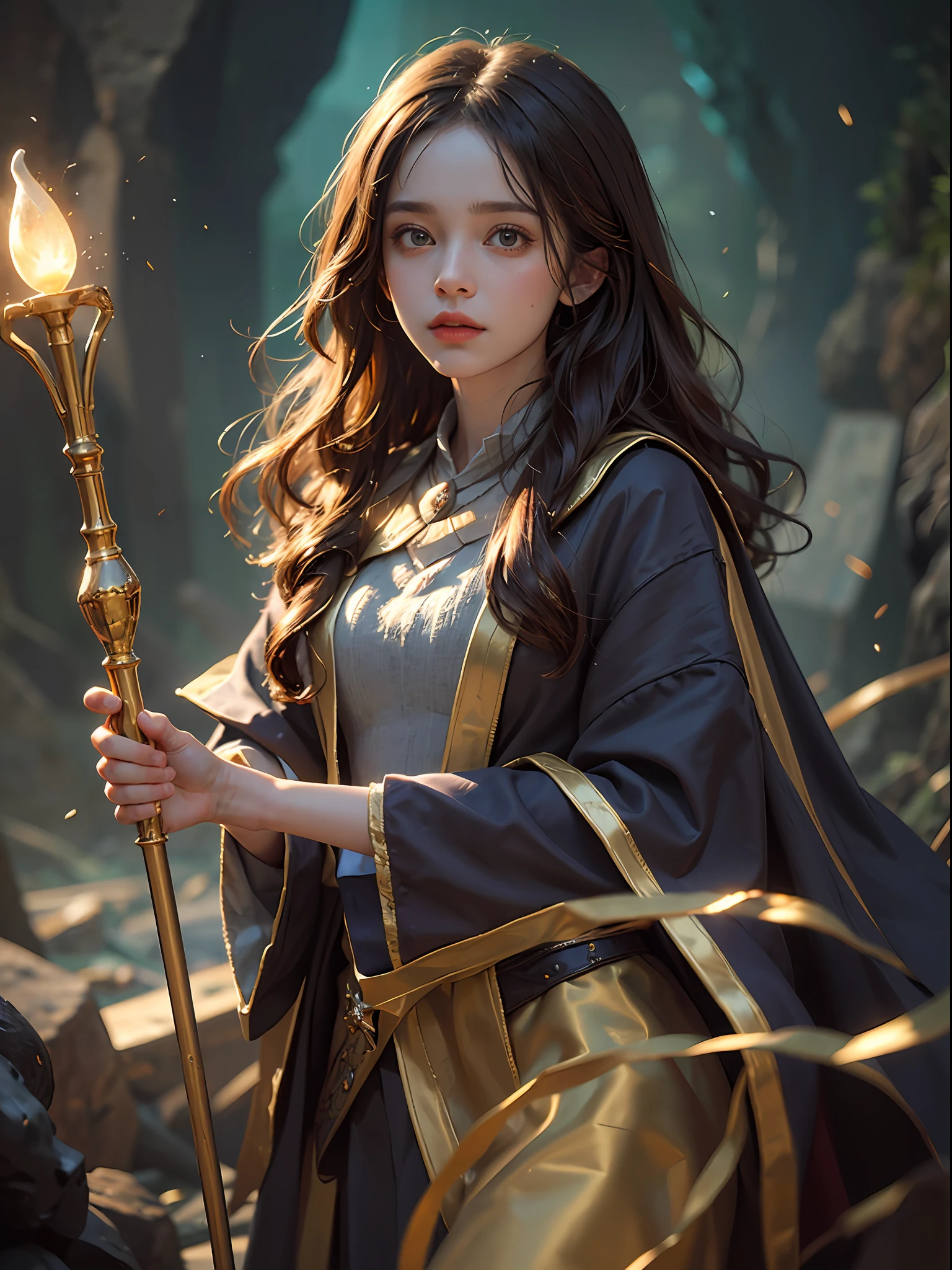 1girl, solo focus, child,  Hermione Granger，realistic， in long hogwarts robes， casting a spell, waving her wand with golden particle effects, lumos maxima against a skeleton soldier in a dark cave, cinematic lighting, trending on ArtStation, by Irakli Nadar, Greg Rutkowski，(((best quality))),(((ultra detailed))),(((masterpiece)))