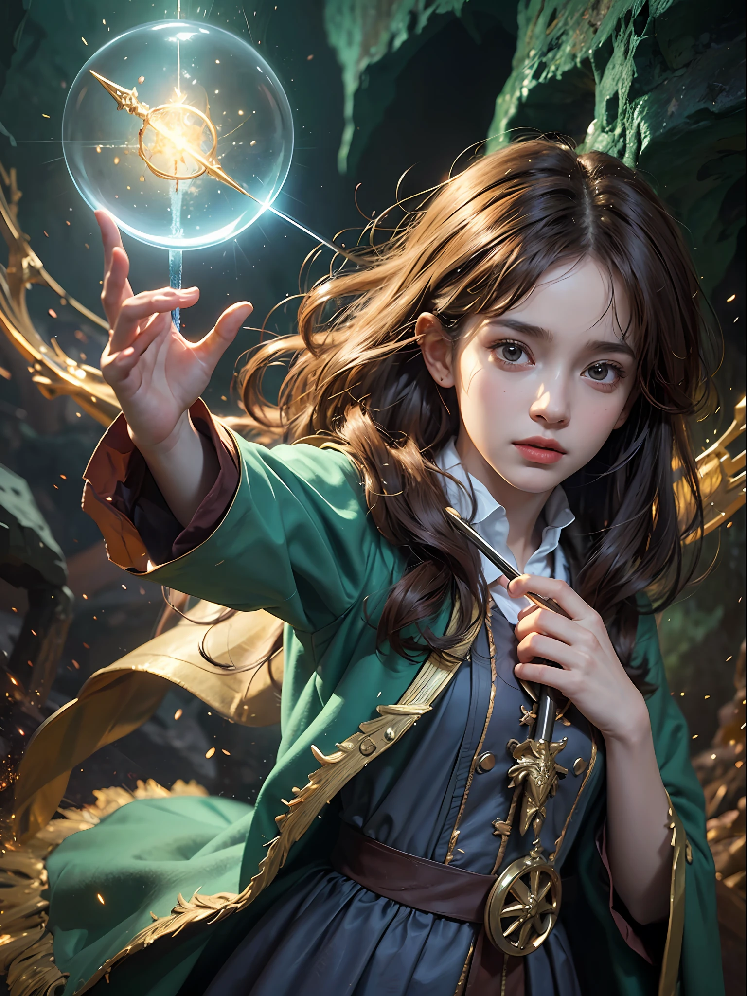 1girl, solo focus, ,  Hermione Granger，realistic， in long hogwarts robes， casting a spell, waving her wand with golden particle effects, lumos maxima against a skeleton soldier in a dark cave, cinematic lighting, trending on ArtStation, by Irakli Nadar, Greg Rutkowski，(((best quality))),(((ultra detailed))),(((masterpiece)))