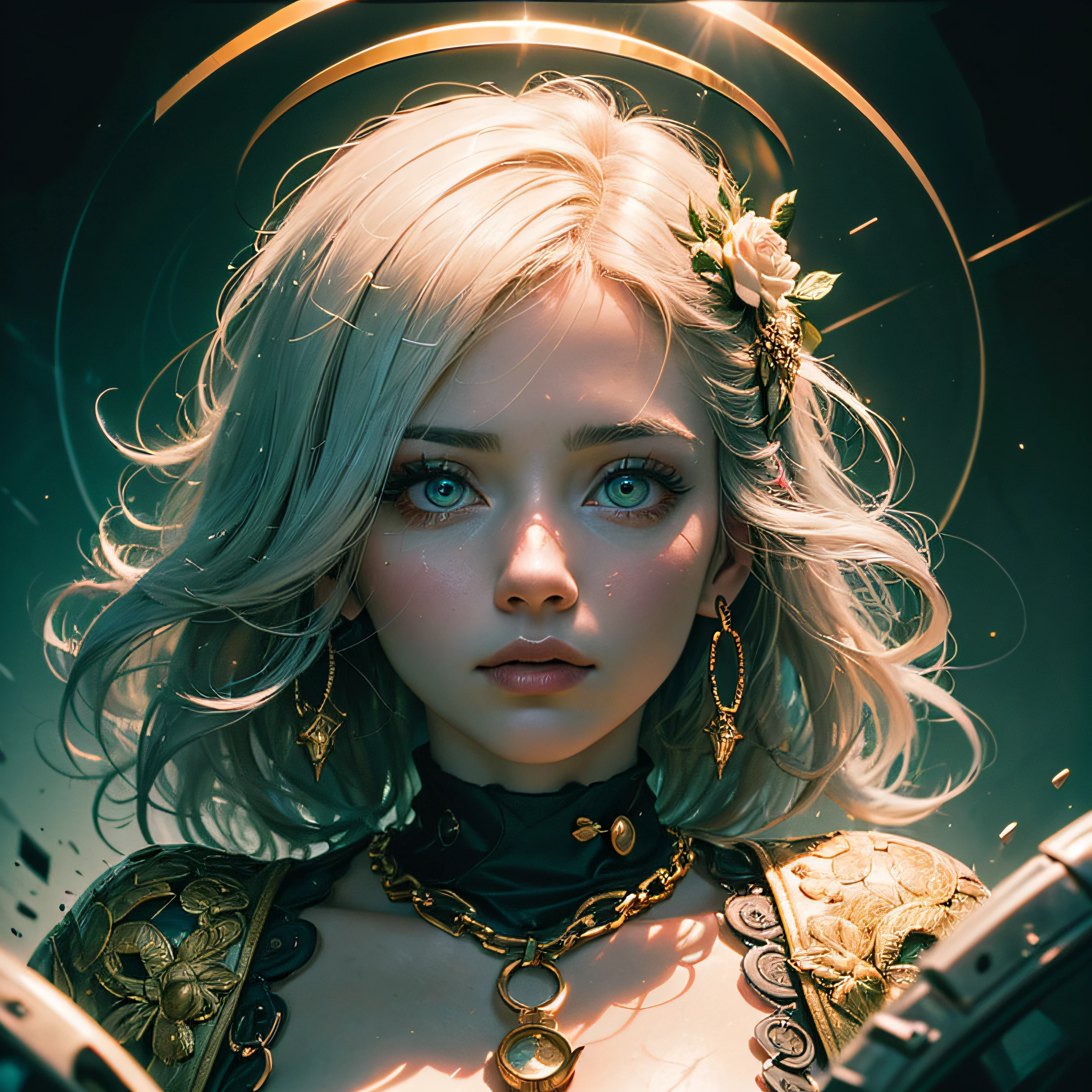(Masterpiece:1.2), best quality, (illustration:1.2), ornate decorations,(Masterfully crafted Glow, lens flare), (ultra-detailed), hyper details, (delicate detailed), (intricate details), (cinematic light, best quality Backlights),(bioluminescent hair), (glowing eyes), (Dynamic:1.2), ((makeup)), absolutely eye-catching, prehistoric,((colourful paint splashes on background, dulux,)), ((caustic)), dynamic angle, (Captivating),(Intricately Detailed Cinematic :1.1), ambient occlusion, ambient light, ray-traced reflections,(best illumination, an extremely delicate and beautiful), ((cinematic light)), colourful, powerful, (Cinematic masterpiece),big dreamy eyes, perfect proportions, perfectly drawn face, Albedo, white hair, chains, comfortable, Intense, day, Golden sky, Inticing, illustration, Angels everywhere, yellow eyes, red roses, chains, splashes of colour, smooth soft skin, Golden Hour, atmospheric, Park, Fields, Bullets, Breath-taking, ambient light coming from sky, soft warm glow coming from chains, god rays, halo, beautiful intricate coloured hair, symmetrical, soft lighting, , concept art, digital painting, looking into scenery, realistic reflections, tracers everywhere --auto